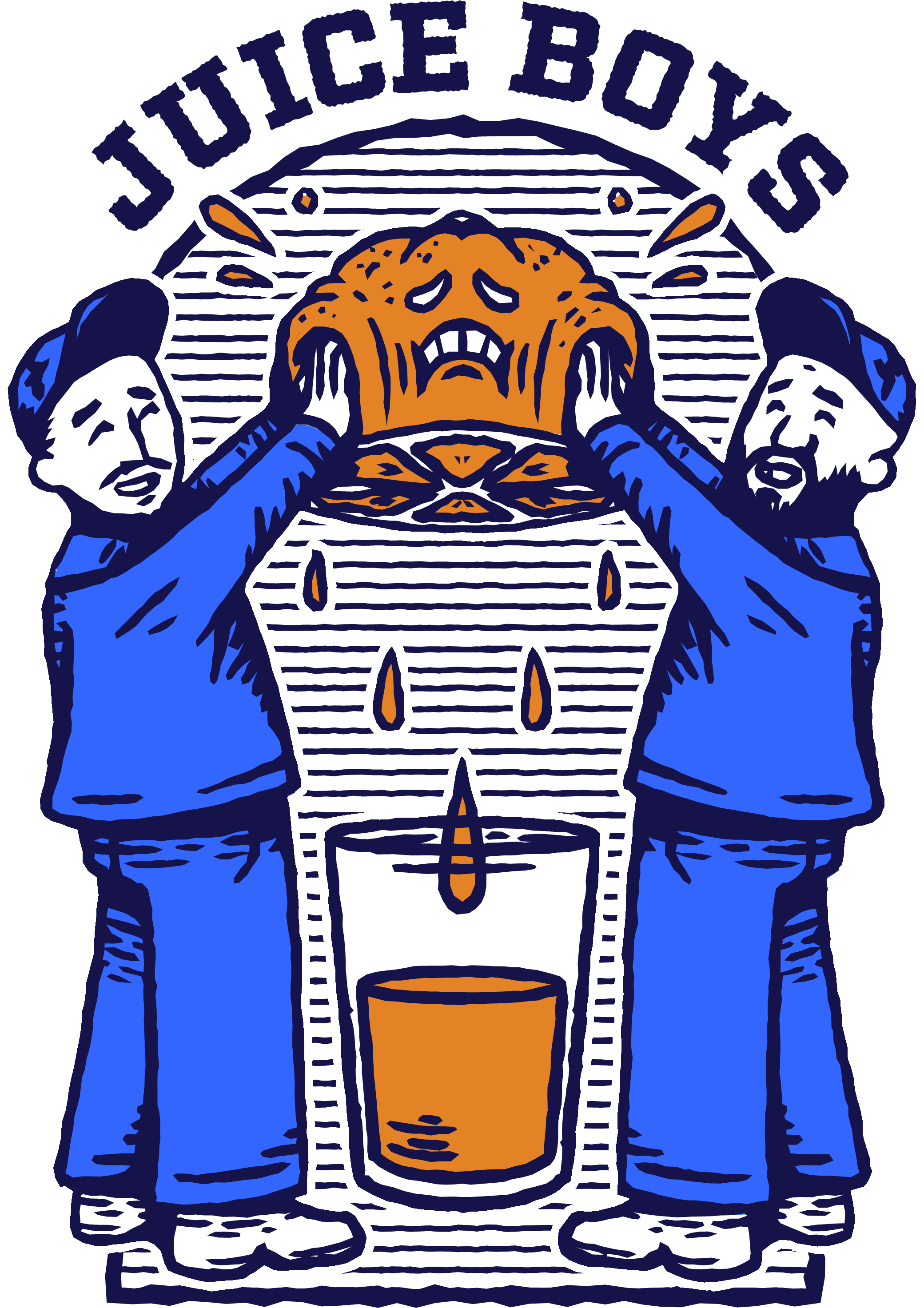 Illustrated lithotone style logo of two characters squeezing and orange with a sad face to extract it's juice into a giant glass. Above them is an arched logo reading 'Juice Boys'