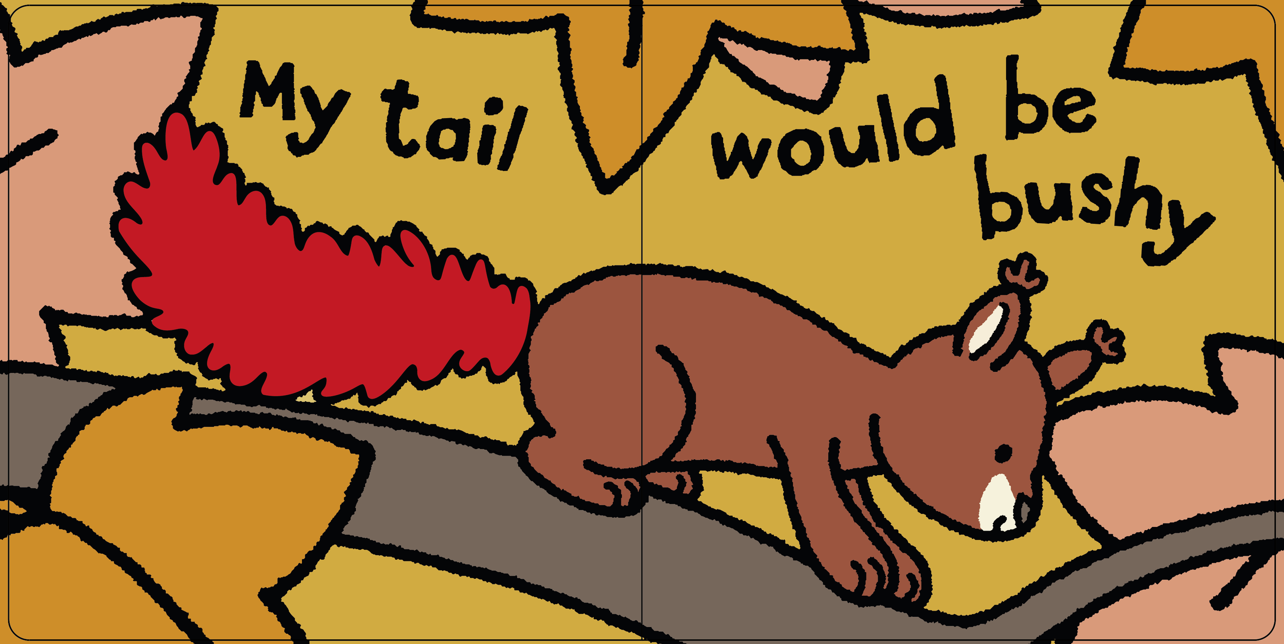 Flat plan, of a book spread featuring an illustration of a squirrel sat on a branch set against a warm yellow background. Surrounding the squirrel are leaves in the foreground and background in autumnal colours.