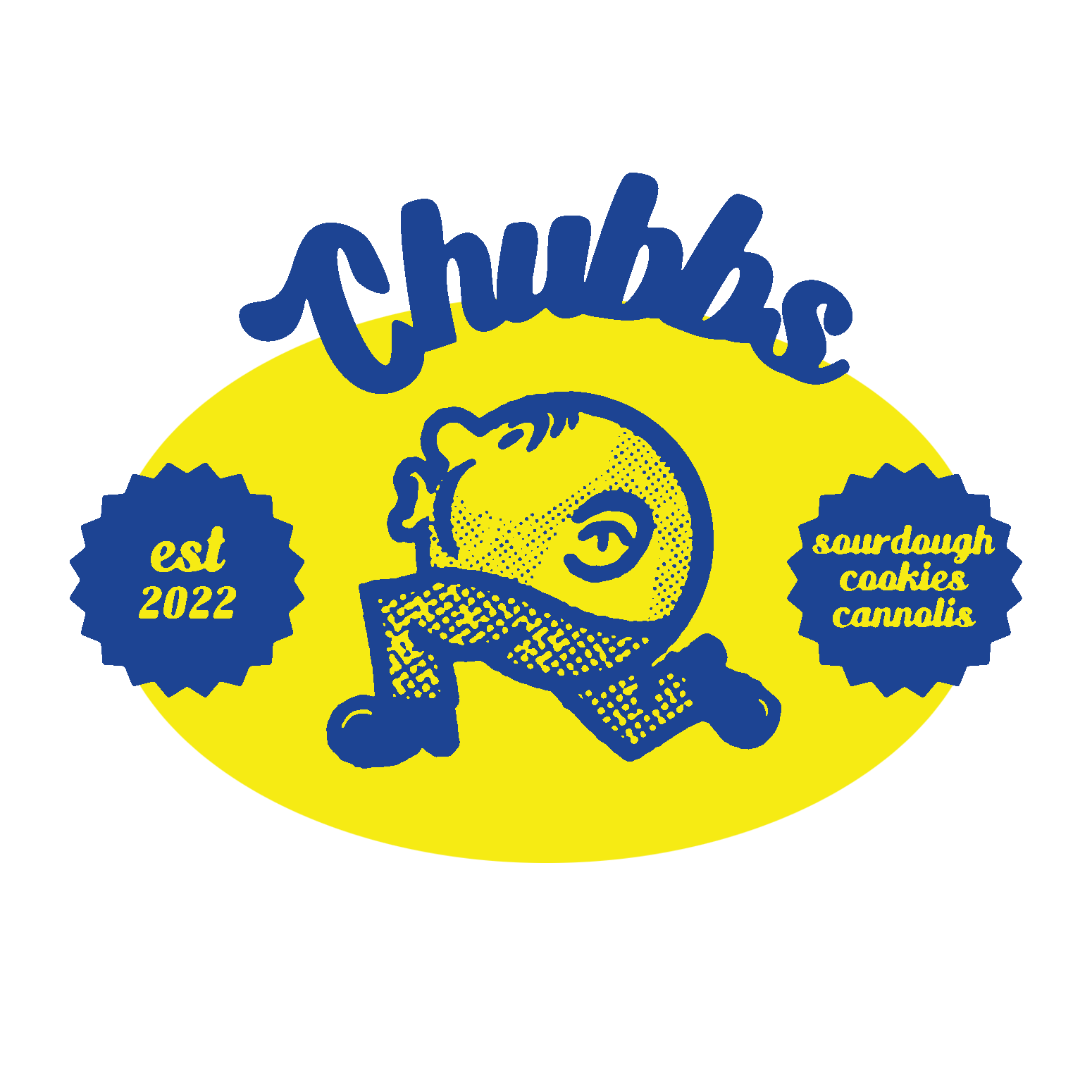 Two tone logo illustration of a stylised running man whistling nestled between two stars reading 'est 2022' and 'sourdough, cookies and cannolis' there is a heading at the top reading 'Chubbs'
