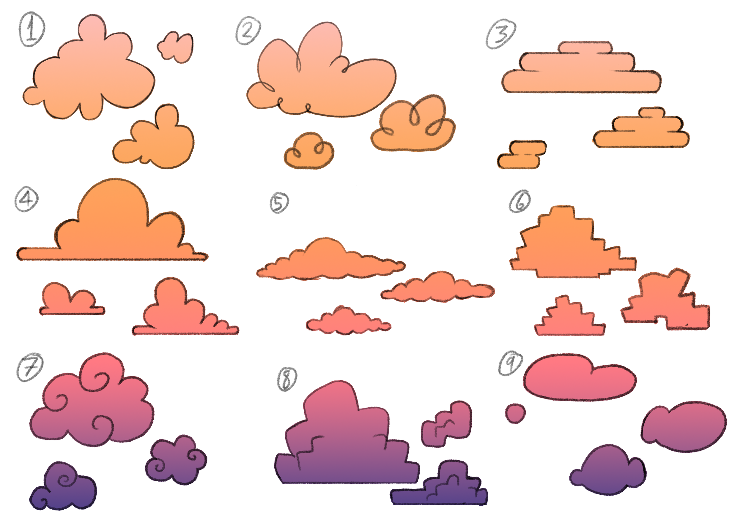 Page of rough illustrations of cloud shapes. There is a gradient running through the illustrations starting at a peach colour and going through yellow to pink to purple.