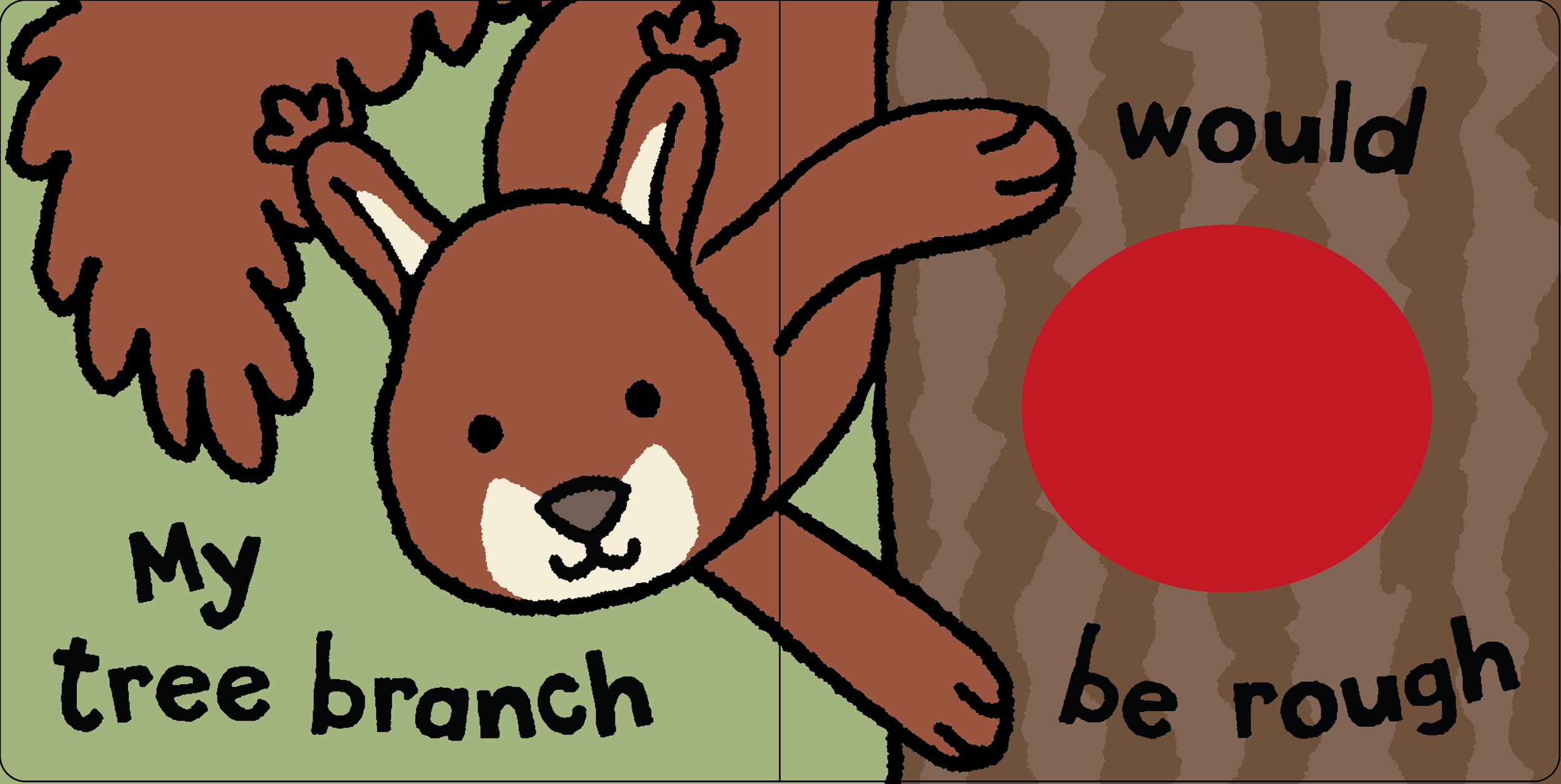 Illustration of a squirrel peaking round a tree against a sage green background.