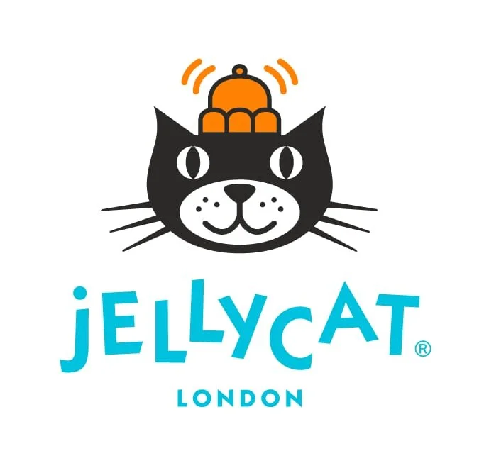 Vectorised cat illustration in black and white with an orange jelly shaped bobble hat on it's head. Underneath are the words 'Jellycat London' in a light teal.