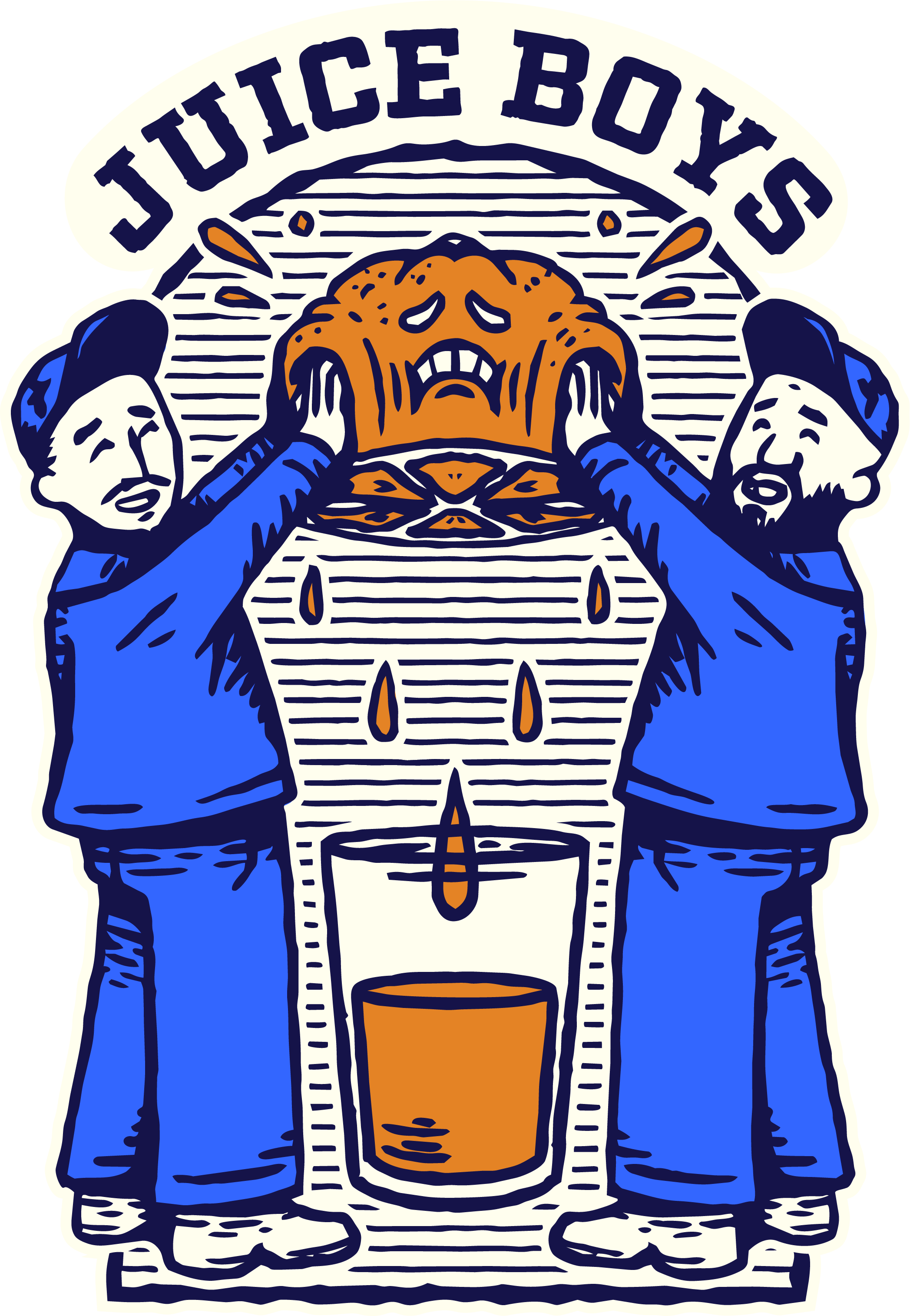 An illustration of two men holding a giant orange with a face on it and squeezing its juice into an oversized glass. This is a lithograph style illustration with navy blue line art. The men are wearing royal blue outfits and the orange is orange.