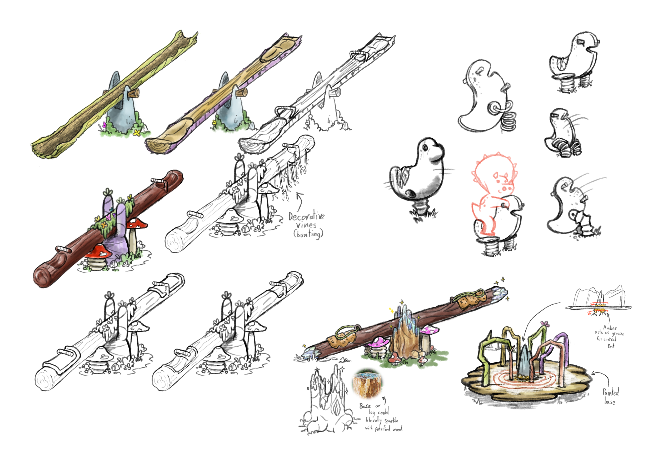Page of rough illustrations depicting playground equipment made from natural materials like trees, rocks and plants.