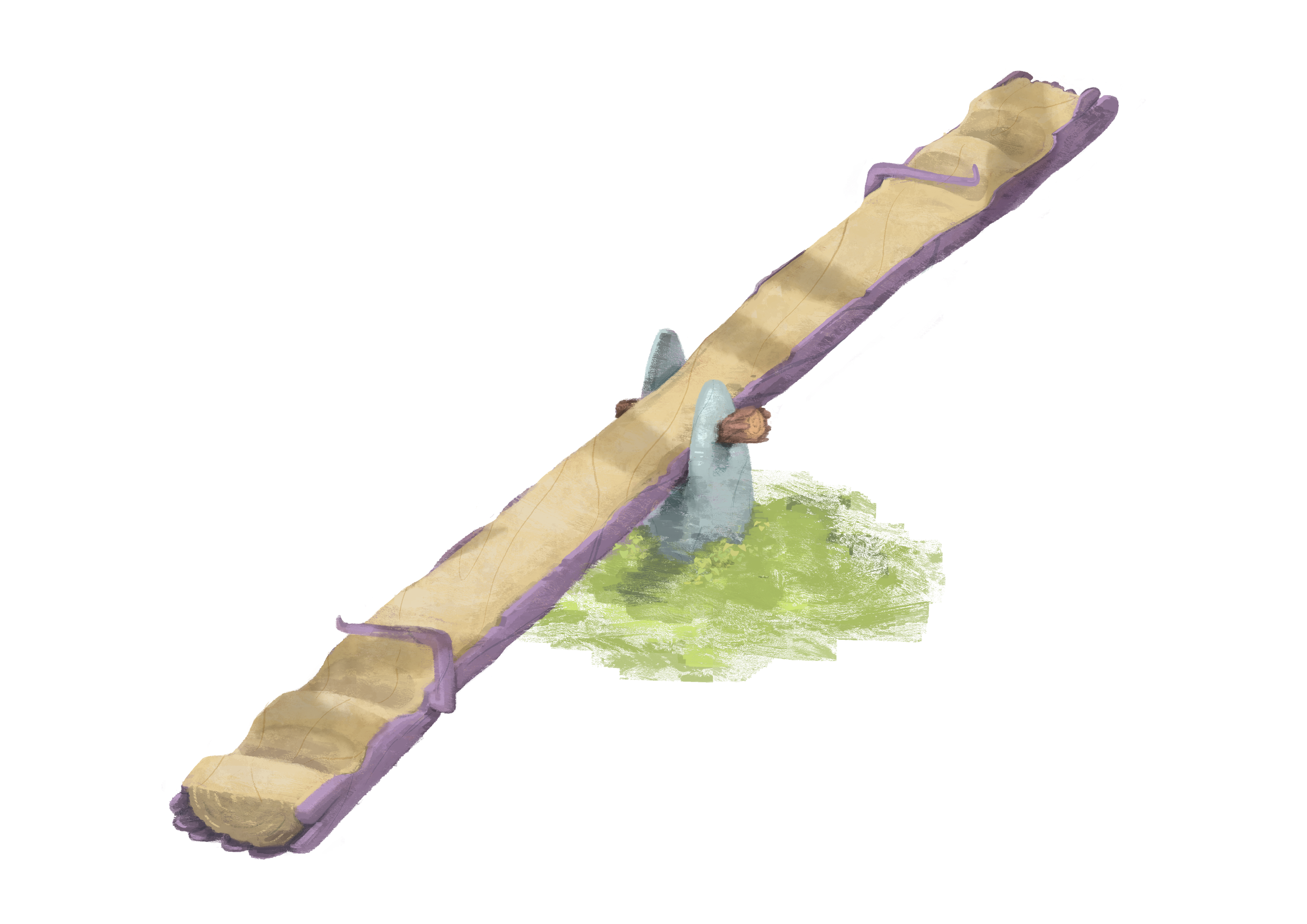 Concept art of a painterly rendering of a  seesaw made from wood and rocks.