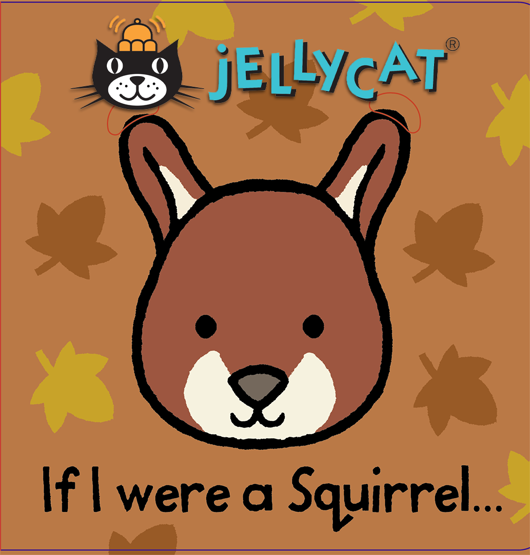 Illustration of a smiling squirrel head on an autumnal orange background. Featuring the Jellycat logo at the top.