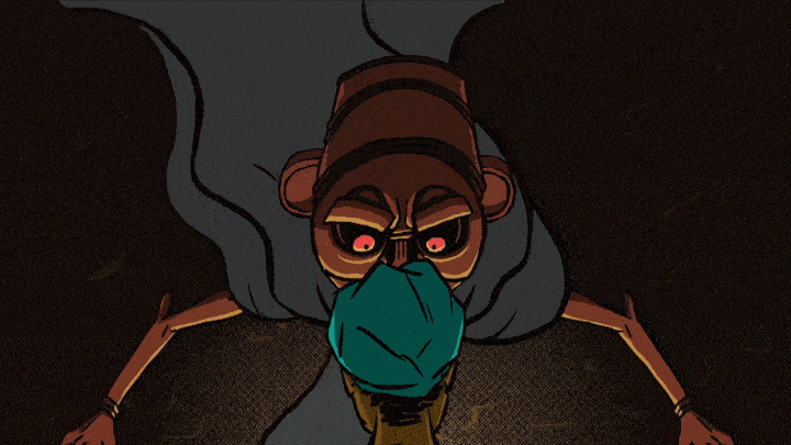 2D Animation of giant smoking monster towering over a frightened woman.