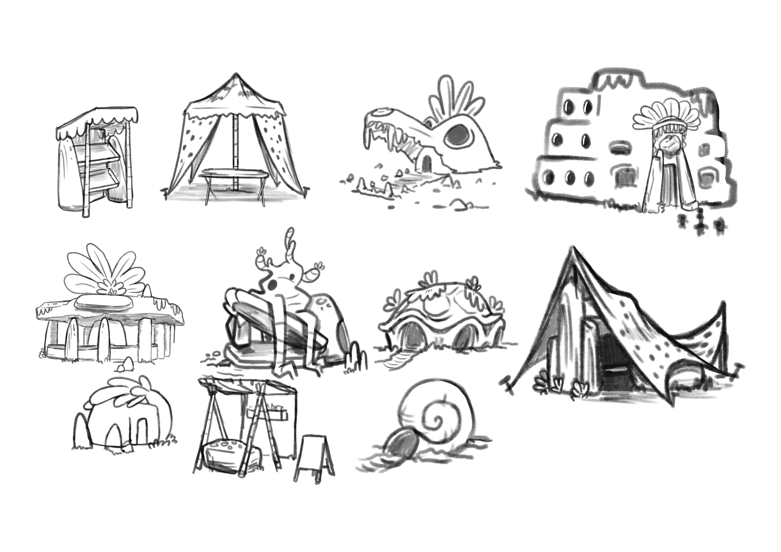 Page of rough illustrations of various village shops, these shops made out of boulders, moss and other natural structures.