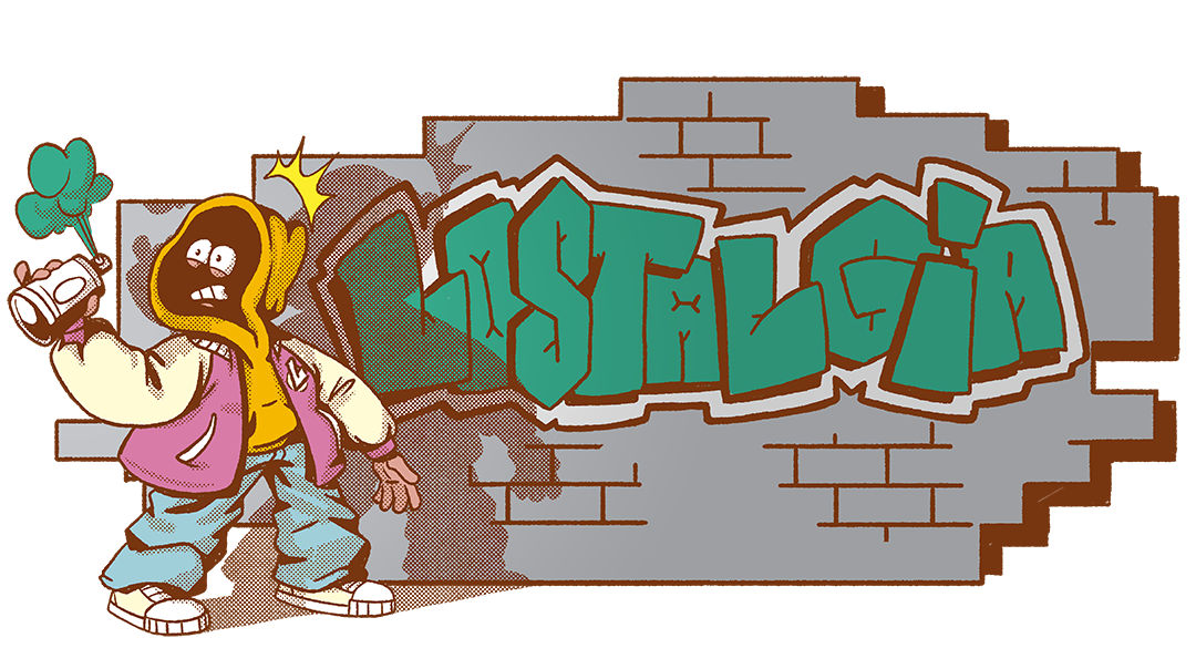 Illustration of a hooded character in a pink jacket standing with a spray paint can in front of a section of bricked wall with the word 'Lostalgia' painted onto it.