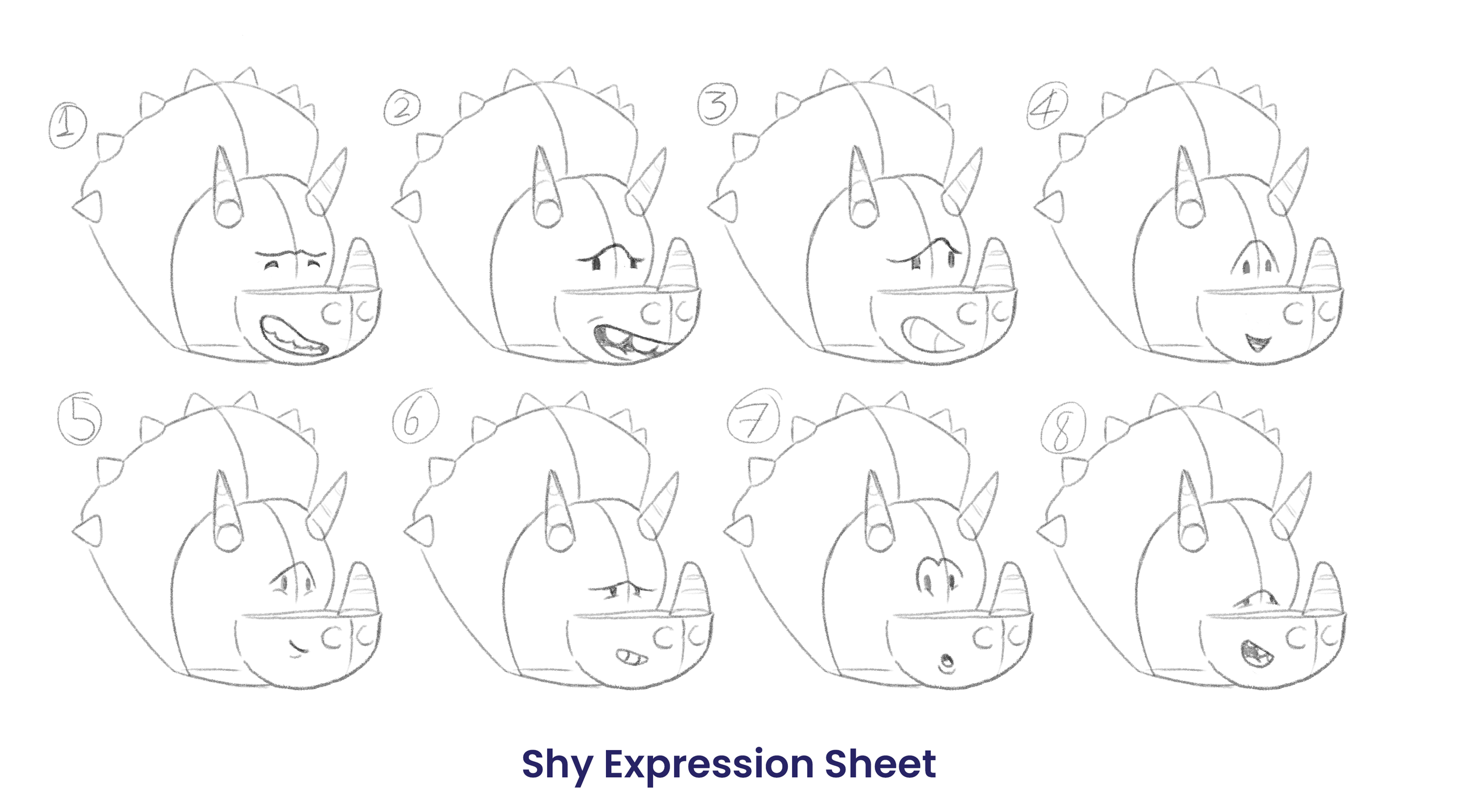 Sheet of rough illustrations of a cartoon triceratops heads looking shy and uncomfortable. The illustration style is rough and unrefined.