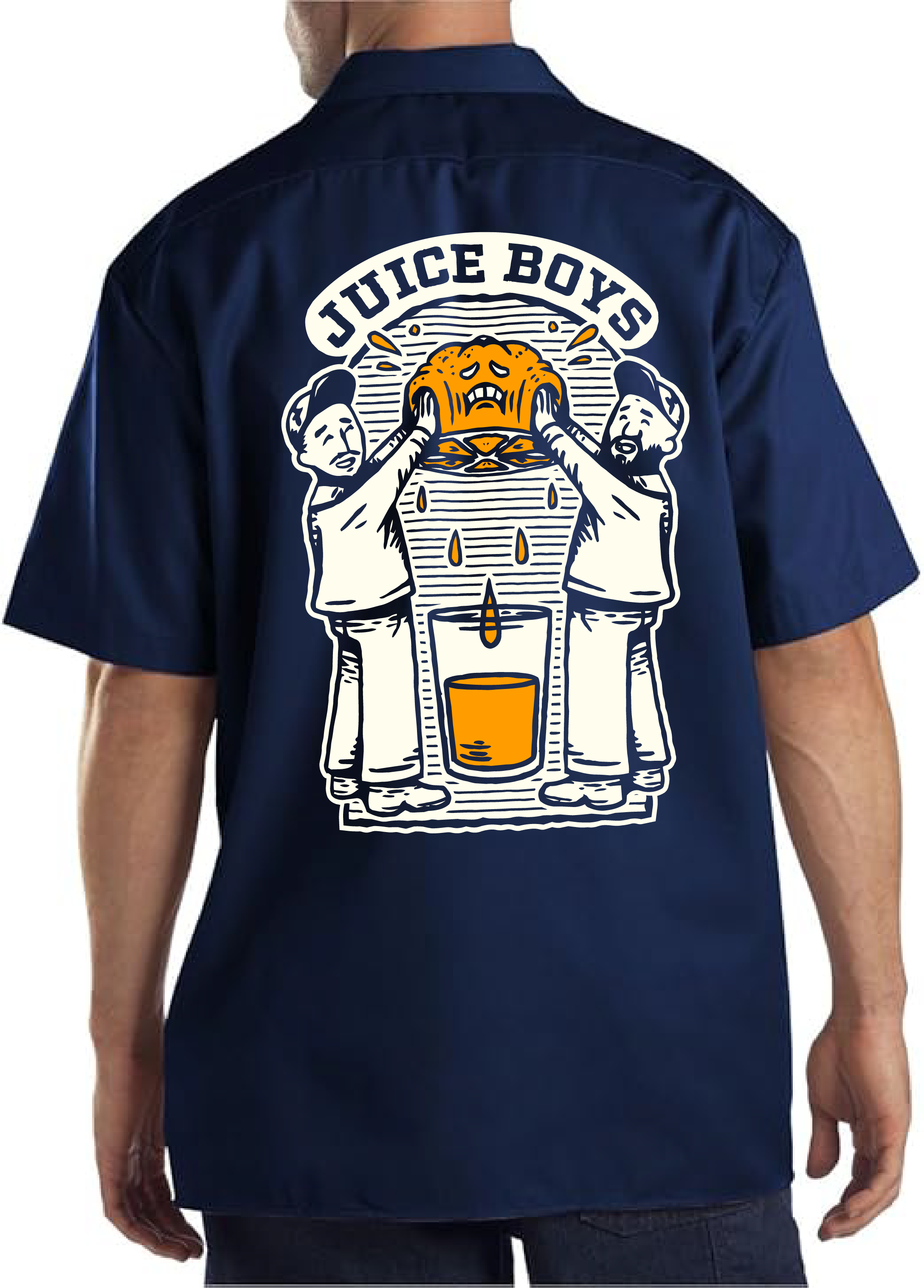 Product shot of a navy blue work shirt featuring a large illustrated graphic on the back of the full Juice Boys Logo. The illustration is of two men holding a giant orange with a face on it and squeezing its juice into an oversized glass.