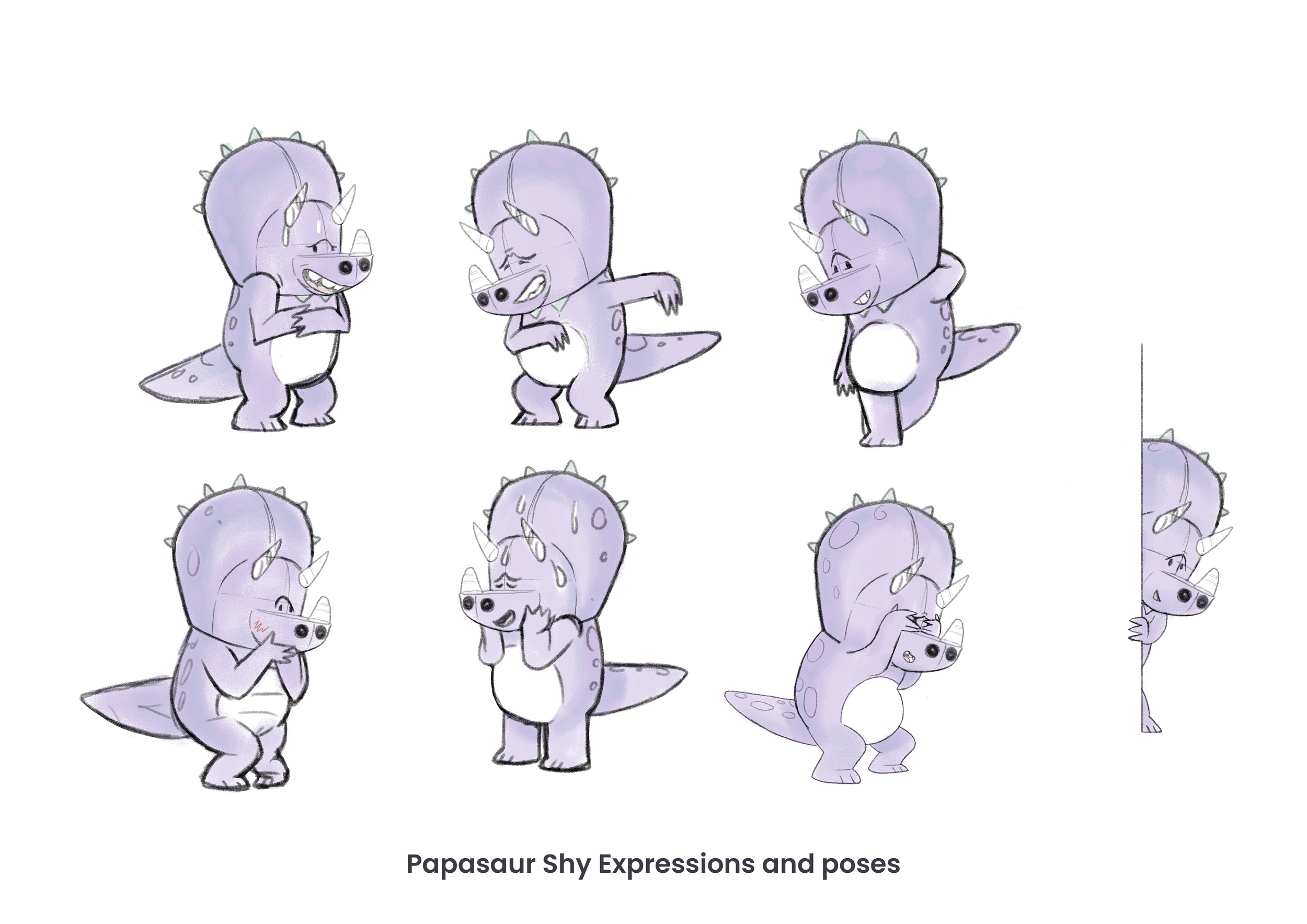 A page of rough character illustrations of a purple triceratops standing upright and looking shy in a variety of different ways.