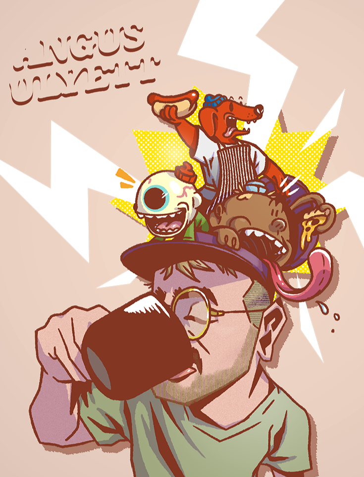 Illustration of a top down perspective of a man drinking a coffee, his eyes are closed and he is wearing a baseball cap with three characters spilling out of the top, a dog wearing an apron, a large face with a pizza slice and long tongue, and an eye