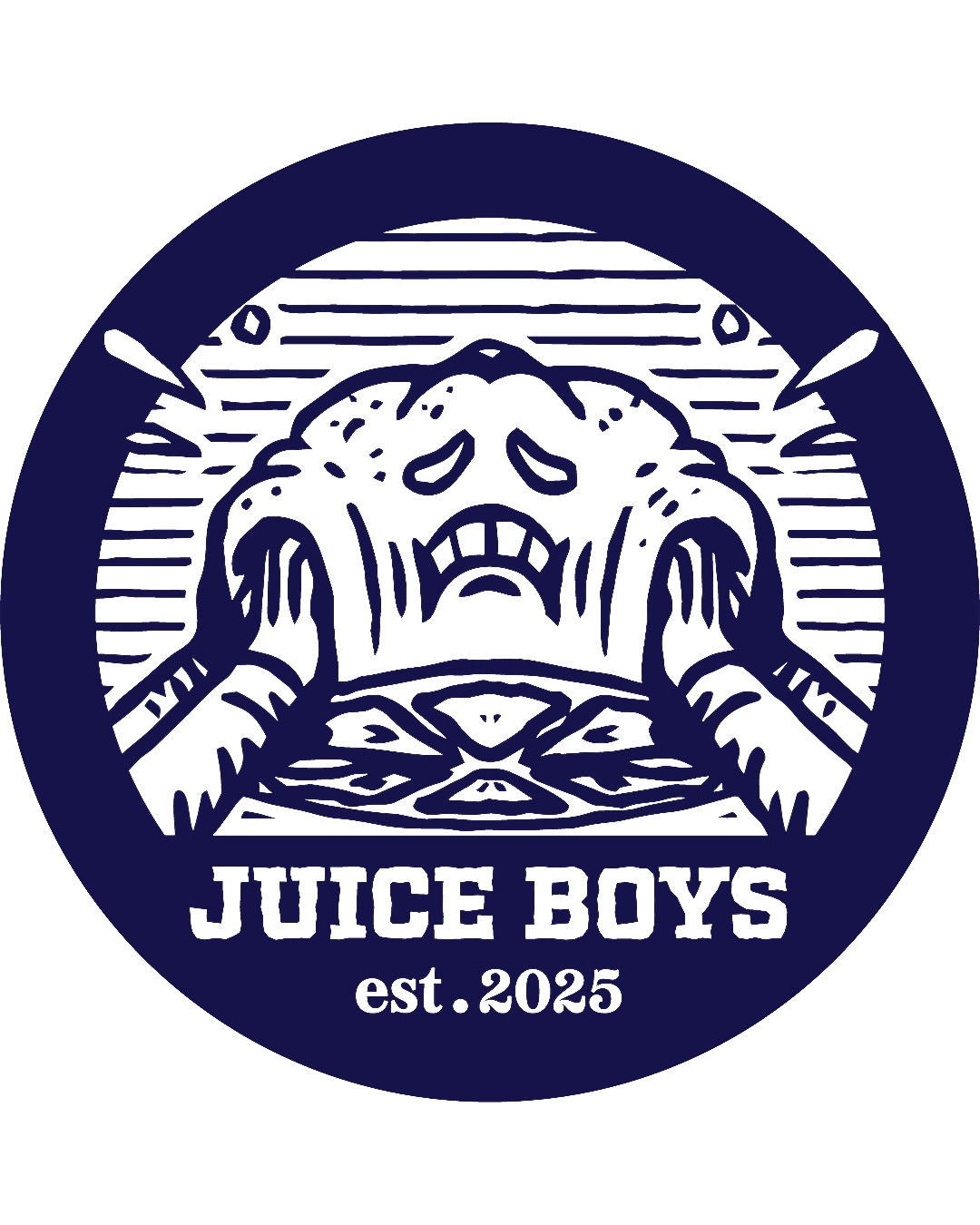 Circular sticker illustration of an orange with a face being squashed from both sides. Its juice is spraying out and it looks distressed. There is a title underneath that reads "Juice Boys est. 2025".