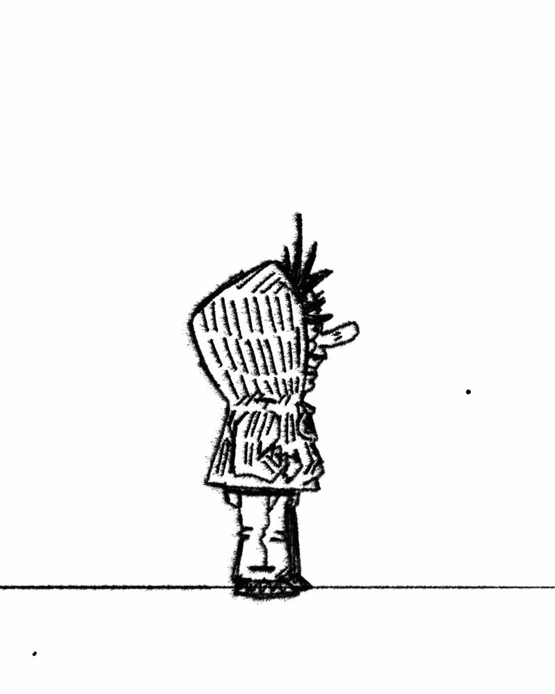 A looping, hand drawn animation of a heavily distorted man with a long nose, raising his finger and opening his mouth as if to say something. The animation crash zooms in to an extreme top down perspective.