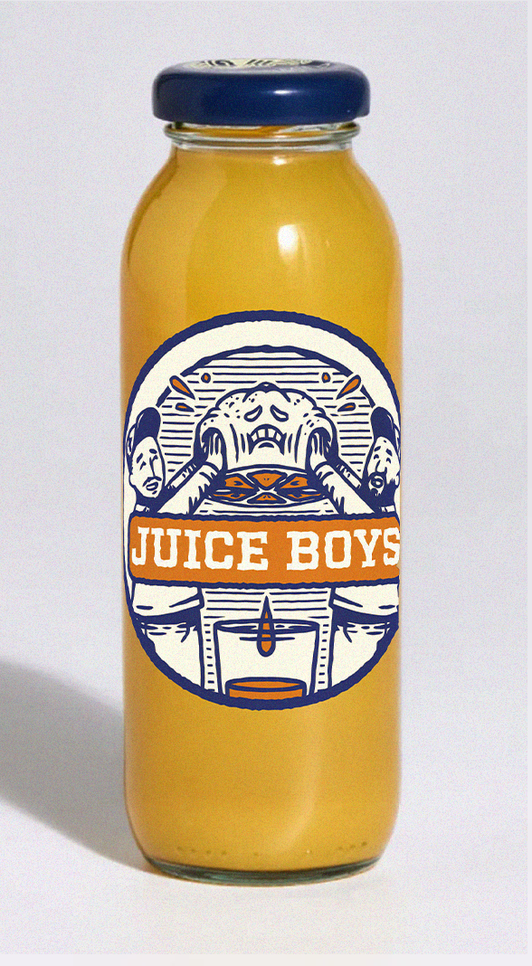 Product image of a small bottle of orange juice featuring an illustrated juice boys label.