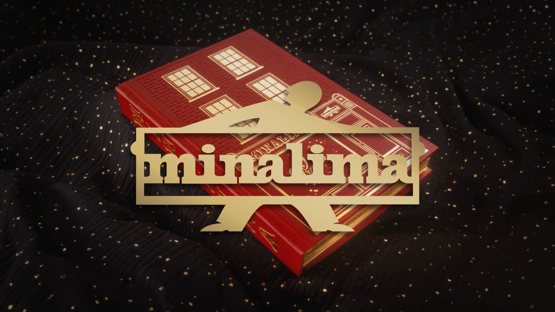 Minalima logo overlayed over a magical red book against a dark blue cloth covered in small glistening gold stars.