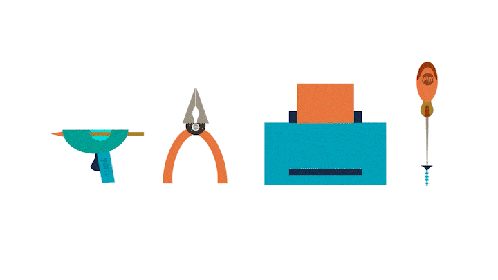 Animation of graphic illustrations of tools performing their respective tasks, a glue gun shooting hot glue, some pliers snapping shut, a printer printing and a screwdriver screwing