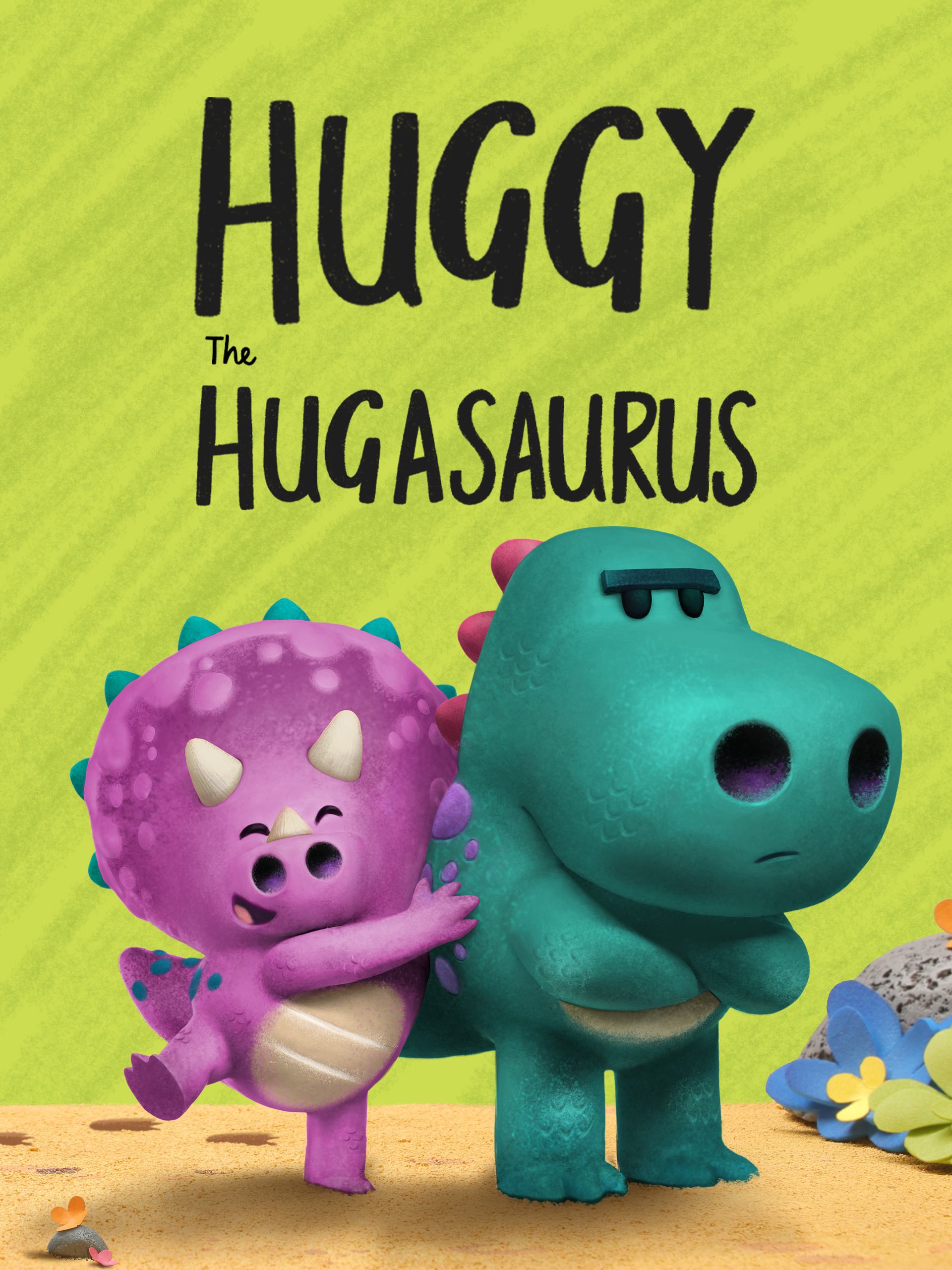 Picture of two stop motion dinosaur characters, one is small and purple gleefully hugging the other who is taller teal blue and appears to be sulking. They are stood in what appears to be a desert against against a lime green background.
