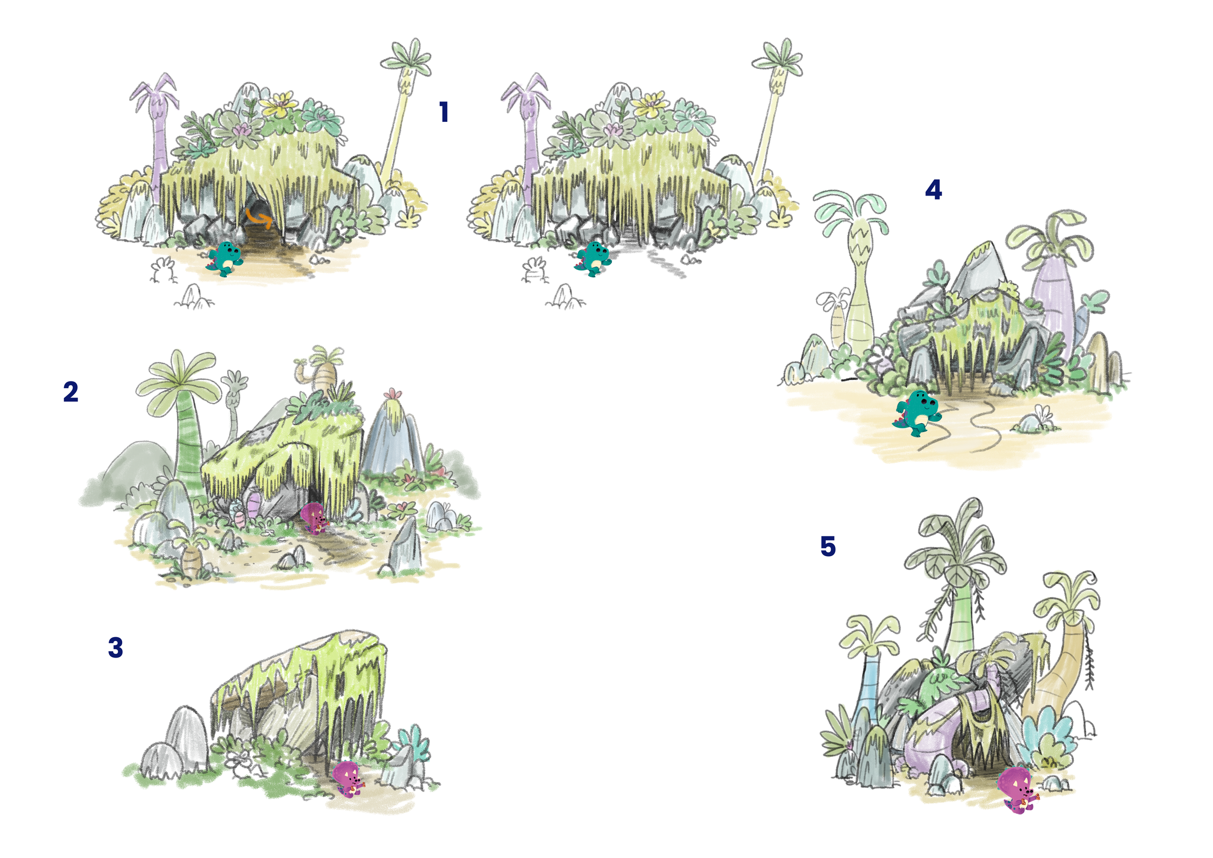 Page of rough illustrations of dinosaur homes, these shops made out of boulders, moss, trees and other natural structures.