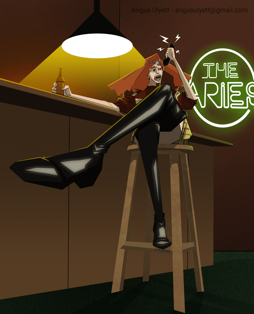 Illustrated character design of a drunk woman sitting at a bar with big orange hair and long black leather boots shouting at someone on the phone.
