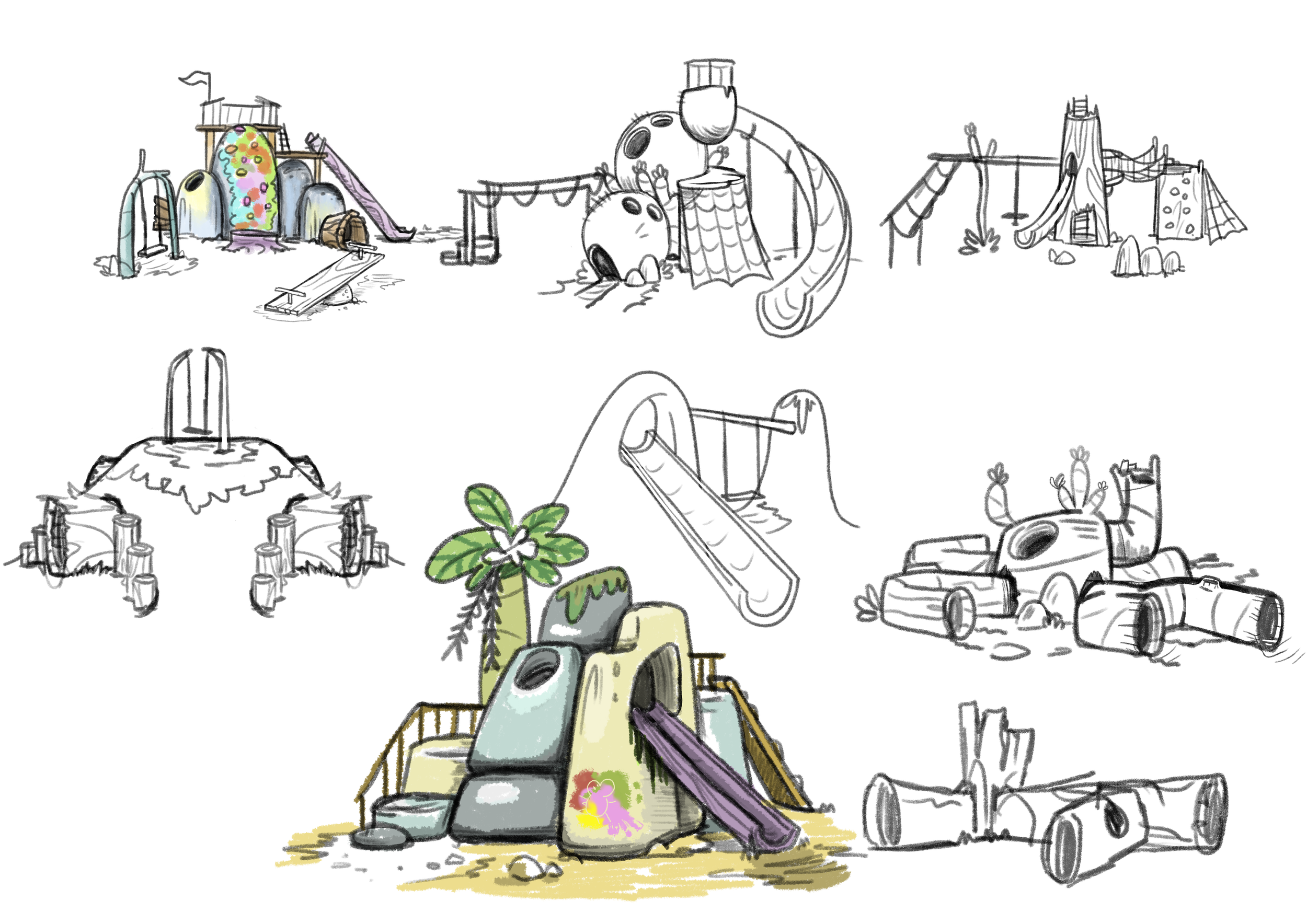 Page of rough illustrations depicting playground equipment made from natural materials like trees, rocks and plants.