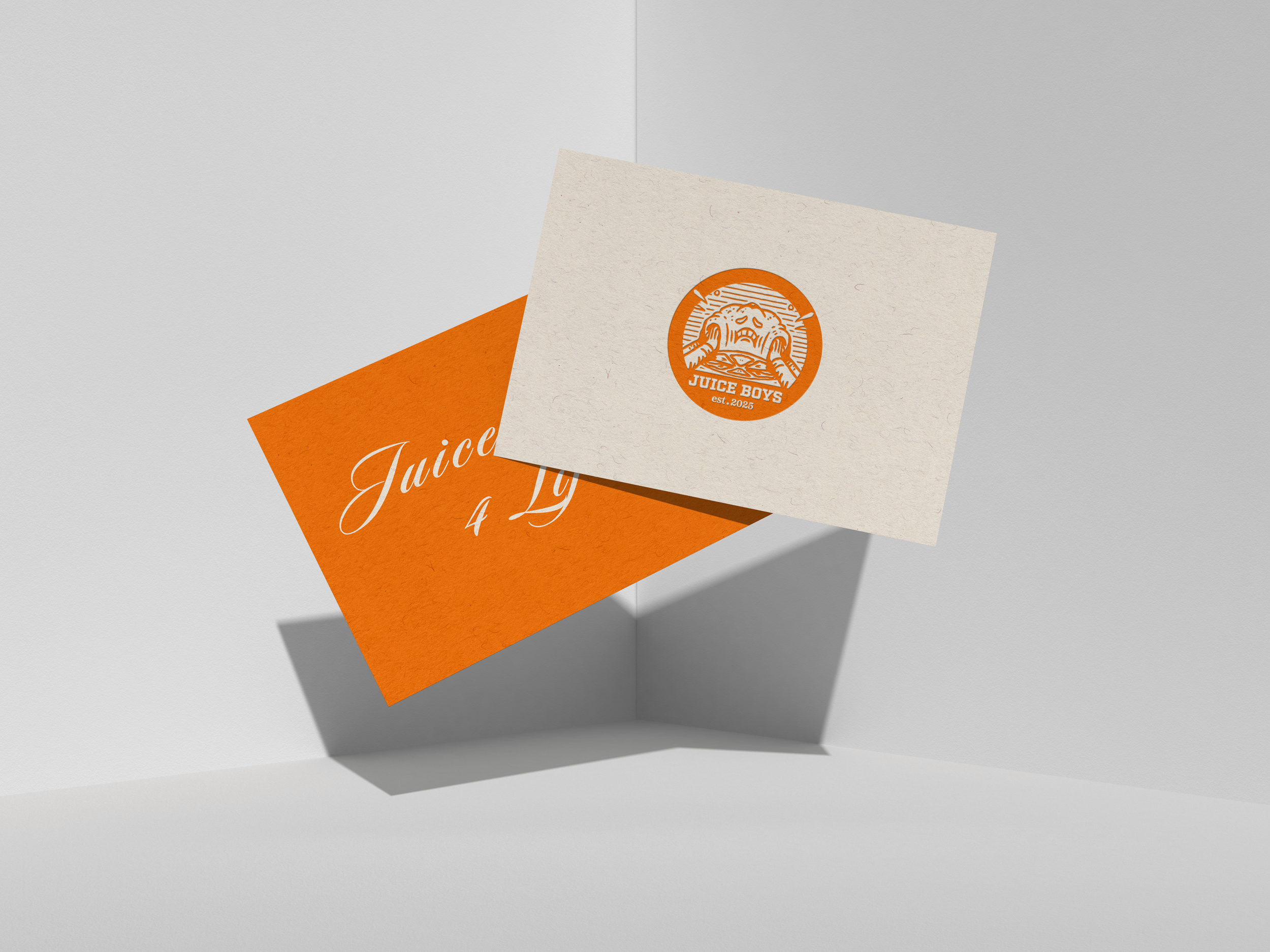 Product image of an embossed postcard featuring the illustrated Juice Boys logo and a handwritten script style message on the other side, reading "Juice Boys 4 Life"