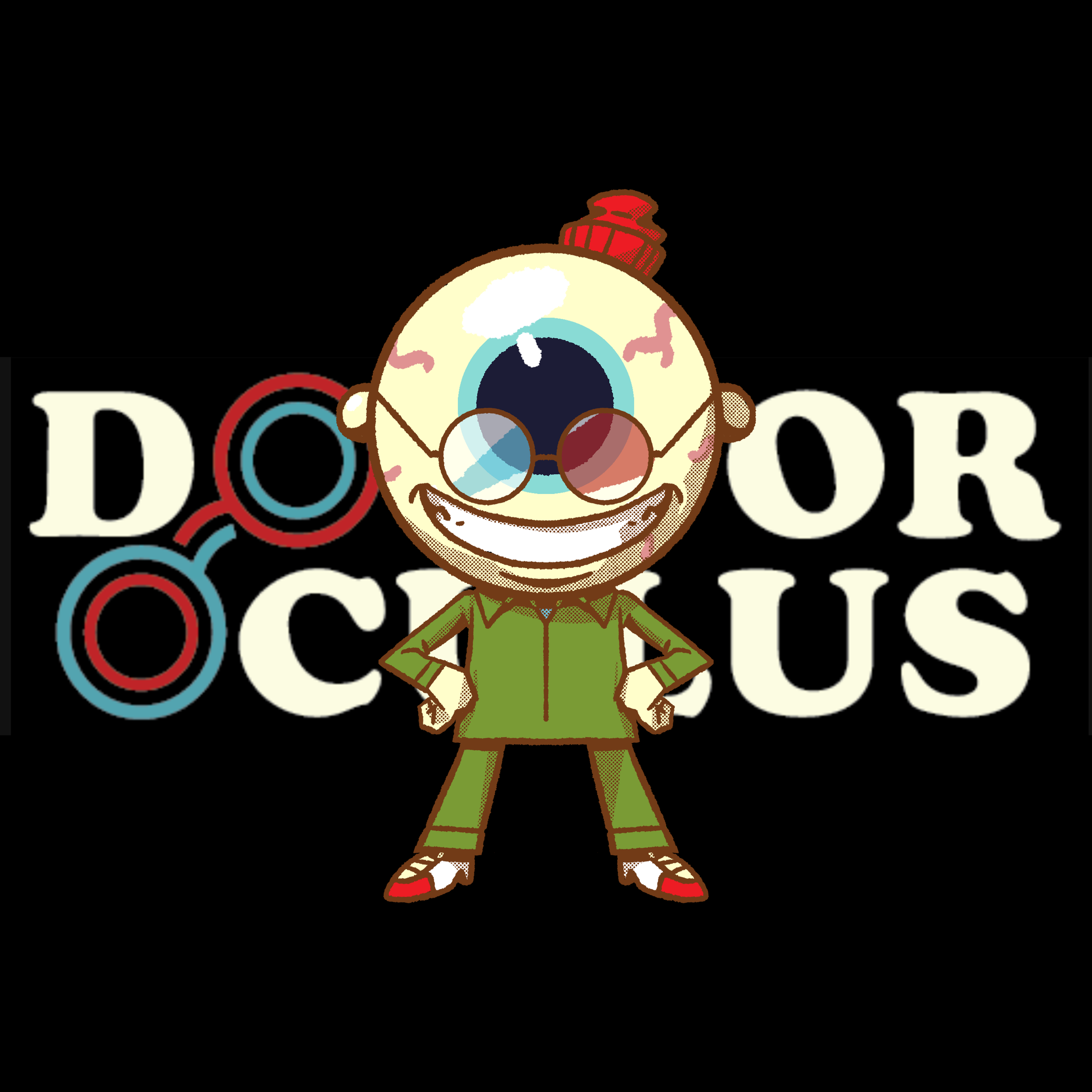 An illustration of a mascot with an eyeball for a head wearing a green outfit stood with his hands on his hips in front of a logo reading 'Doctor Oculus'