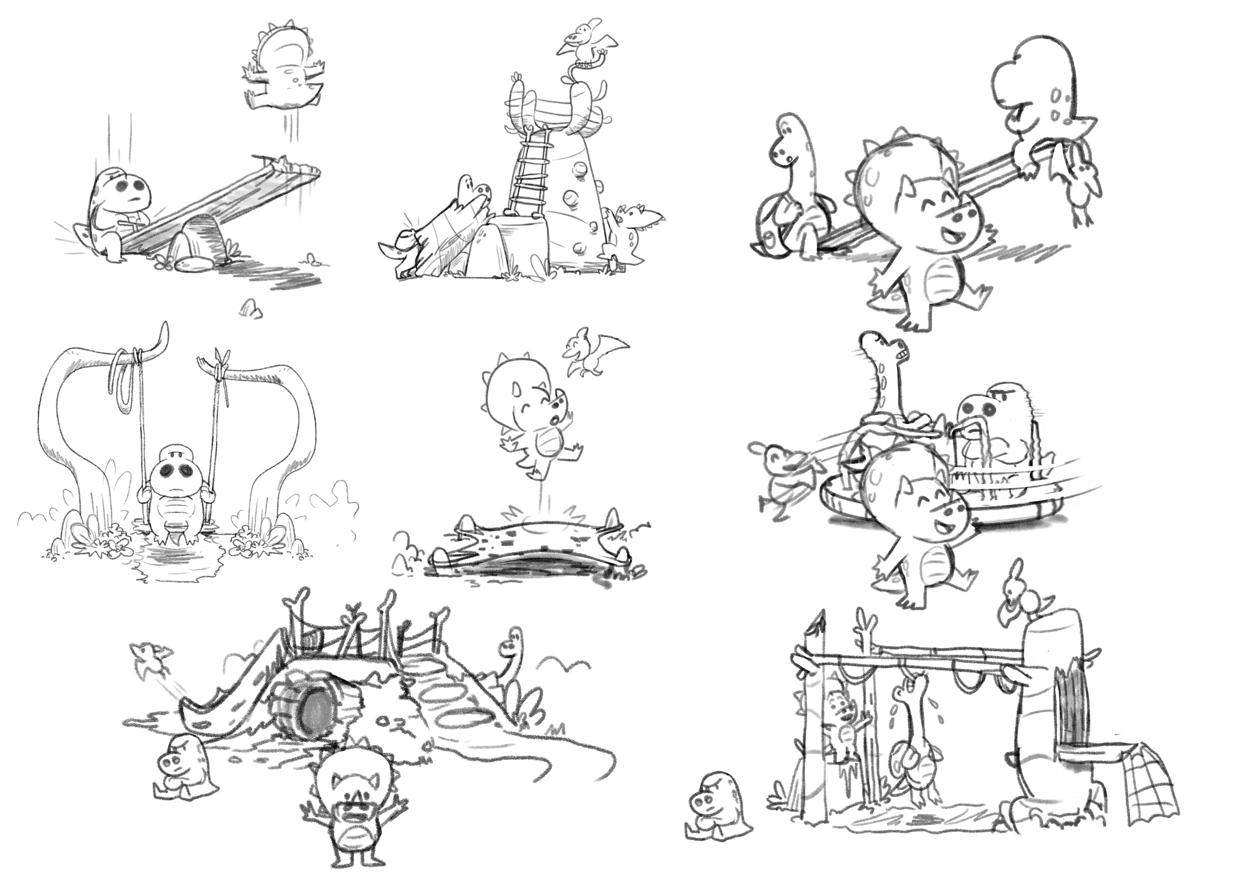 Page of rough illustrations depicting playground equipment made from natural materials like trees, rocks and plants. Dinosaur characters can be seen playing on the various pieces of equipment in a variety of amusing ways.
