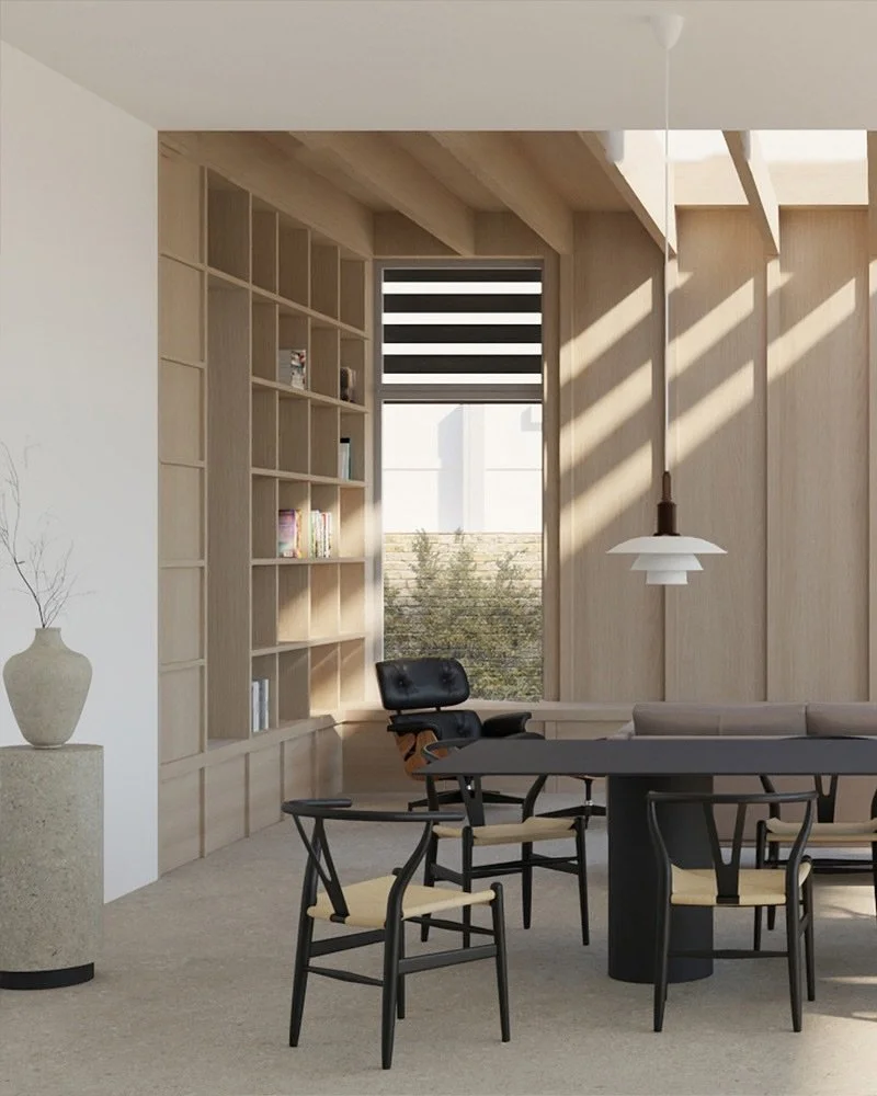 An interior view from our Sydenham project which has just started on site.

The side extension snug makes the most of the wide garden views, with warm timber-lined walls and a cosy, inviting vibe. A rooflight and large contemporary glazing flood the 