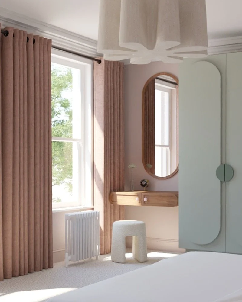 The fun scalloped theme carries on across the principal bedroom for our project in Clapham Old Town, reflected in the joinery and internal touches - combined with soft tones of greens and orange. 

#interiordesign #architecture #contemporarydesigns