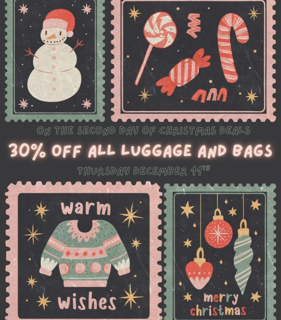 Day 2 of 12 Days of deals!!! Enjoy 30% off all luggage and bags today 12/11 only!!! 🎄🎁❄️