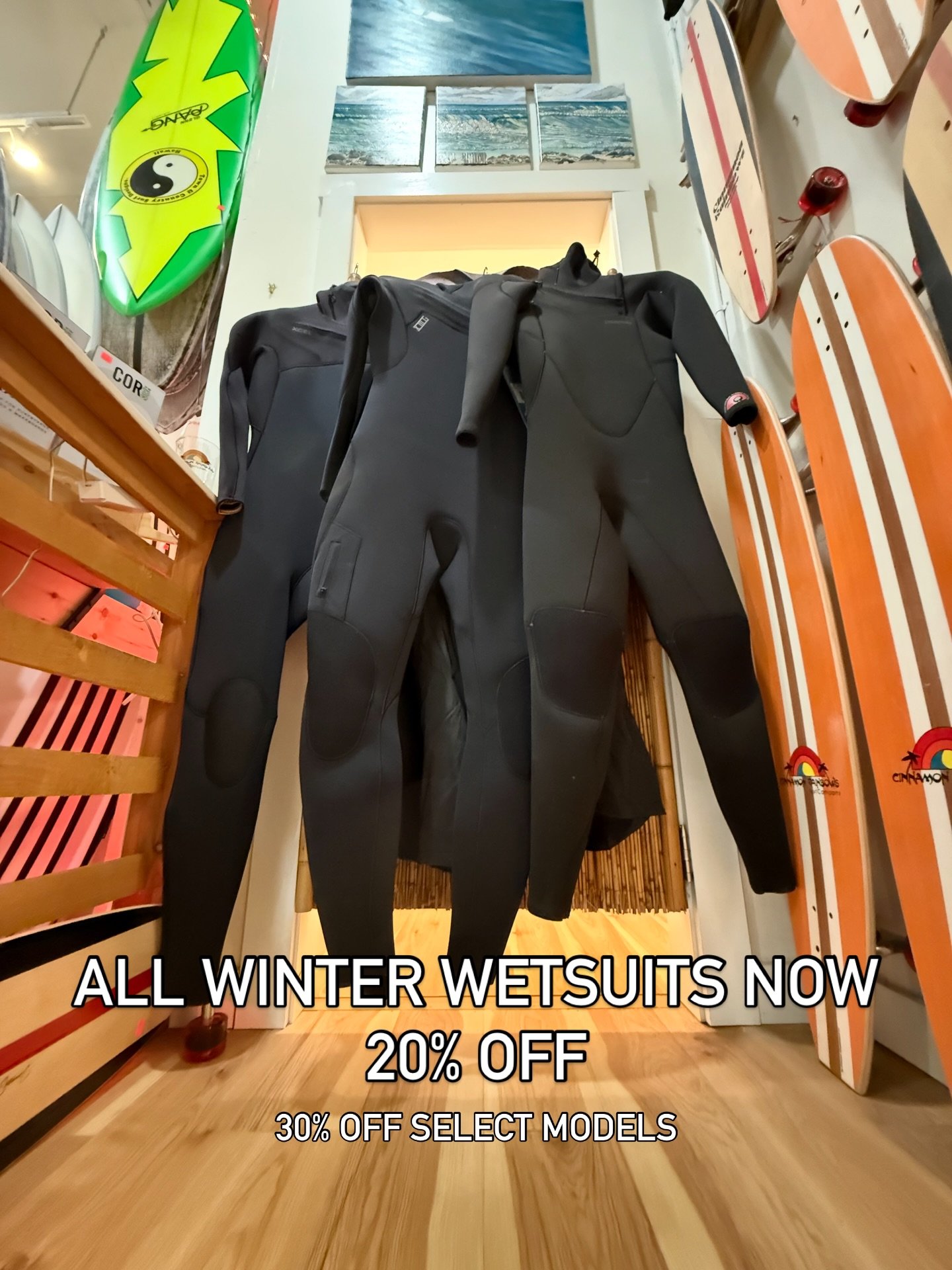 All winter suits are now 20% off with select models 30% off!

So if you need a new suit to finish off this season or a backup suit for next season, make sure to swing by and check out the deals!

Top of the line models from Xcel, Patagonia, Body Glov