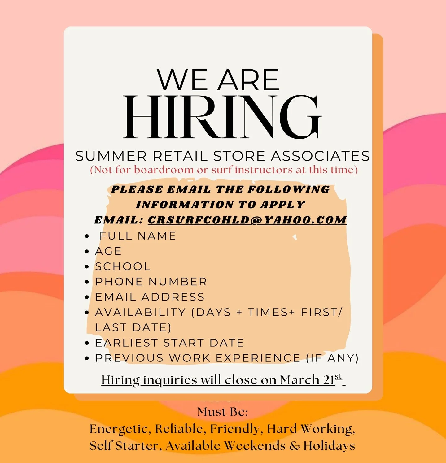 Spring is right around the corner and we&rsquo;re hiring 🌊🌺🌞

All the details are on the flyer above &mdash; give it a read and see if you&rsquo;d be a good fit.

If you like fast-paced days, good people, and a little salt in the air, come join th