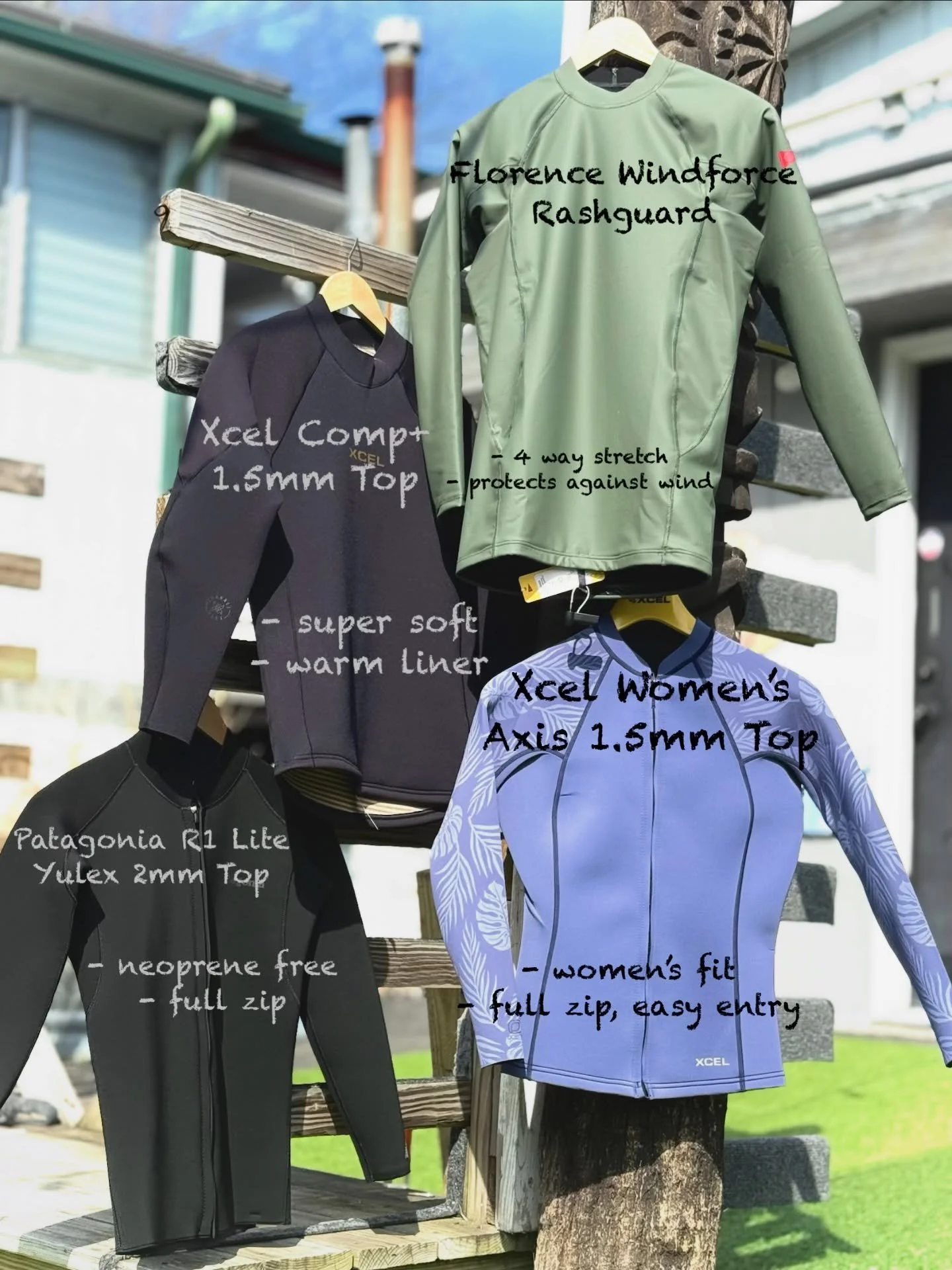 Stay warm and protected from the sun on your next surf trip or spring surfing at home!

Full zips for ease of entry, yulex rubber alternatives, windproof materials, and more!

Open 10-6 everyday!