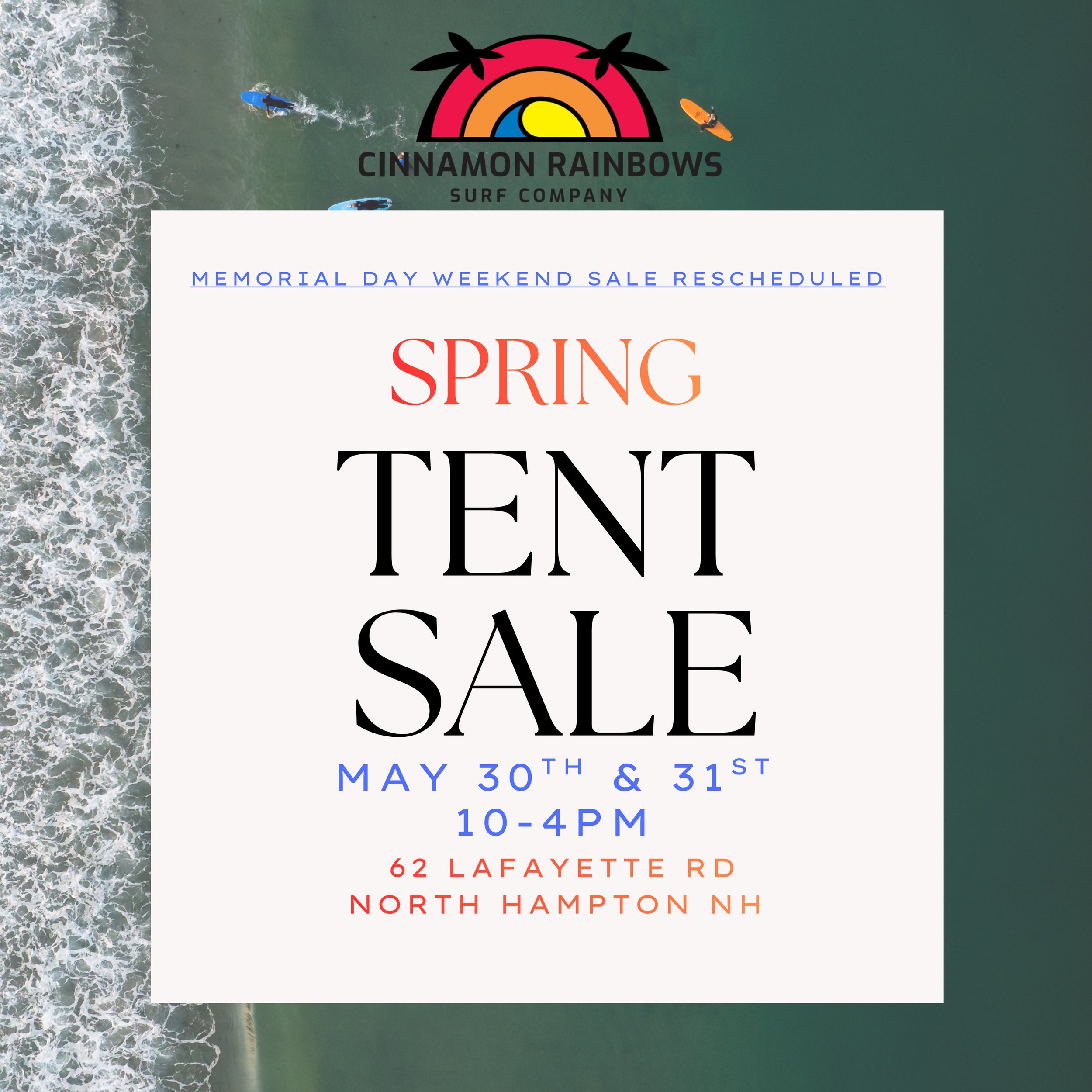 Our annual memorial day weekend tent sale has been rescheduled due to unpredictable weather. Hope to see you all next weekend May 30th &amp; 31st ☀️🌊 Join us 10-4 both days for some firing deals 🔥🛍️
