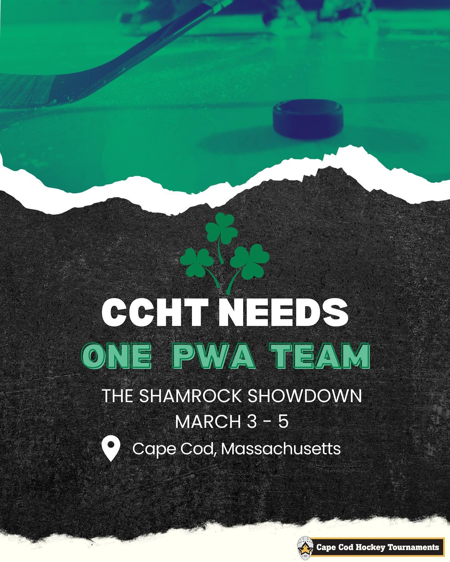 Correction: We are seeking 1️⃣ Peewee A team for the Shamrock Showdown in March! ☘️ 

Registration can be found on our website! Sign your team up TODAY! 

#capecodhockeytournaments #hockey #capecodhockey #capecod #capecodfun #icehockey #fun #nhl #tou