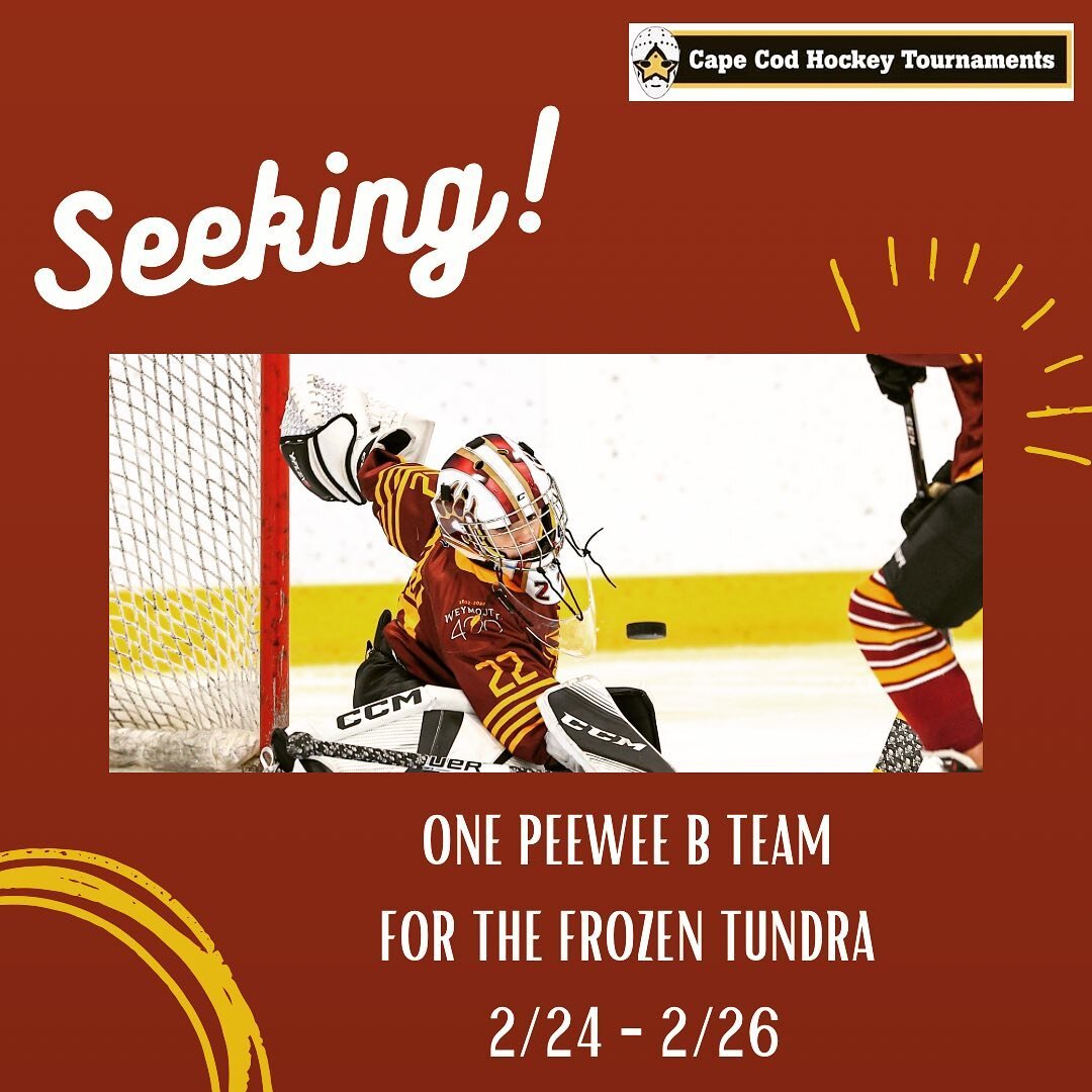 We need just 1️⃣ PWB team to complete the lineup for our Frozen Tundra tournament! 🥅 

Register on our website ▶️‼️

#capecodhockeytournaments #hockey #capecodhockey #capecod #capecodfun #icehockey #fun #nhl #tournaments #linkinbio #ccht
