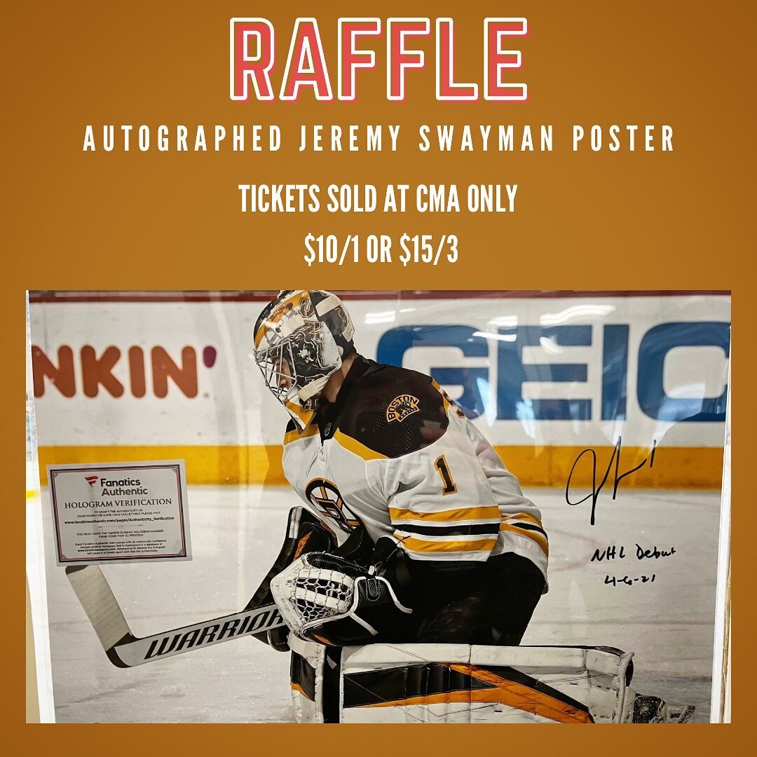 We have an awesome raffle available at @cma_rink! 🤩🤩
An autographed @jswayman1 photograph is being raffled! 🏒 
Get your tickets today or tomorrow! $10/1 or $15/3! 🎟️