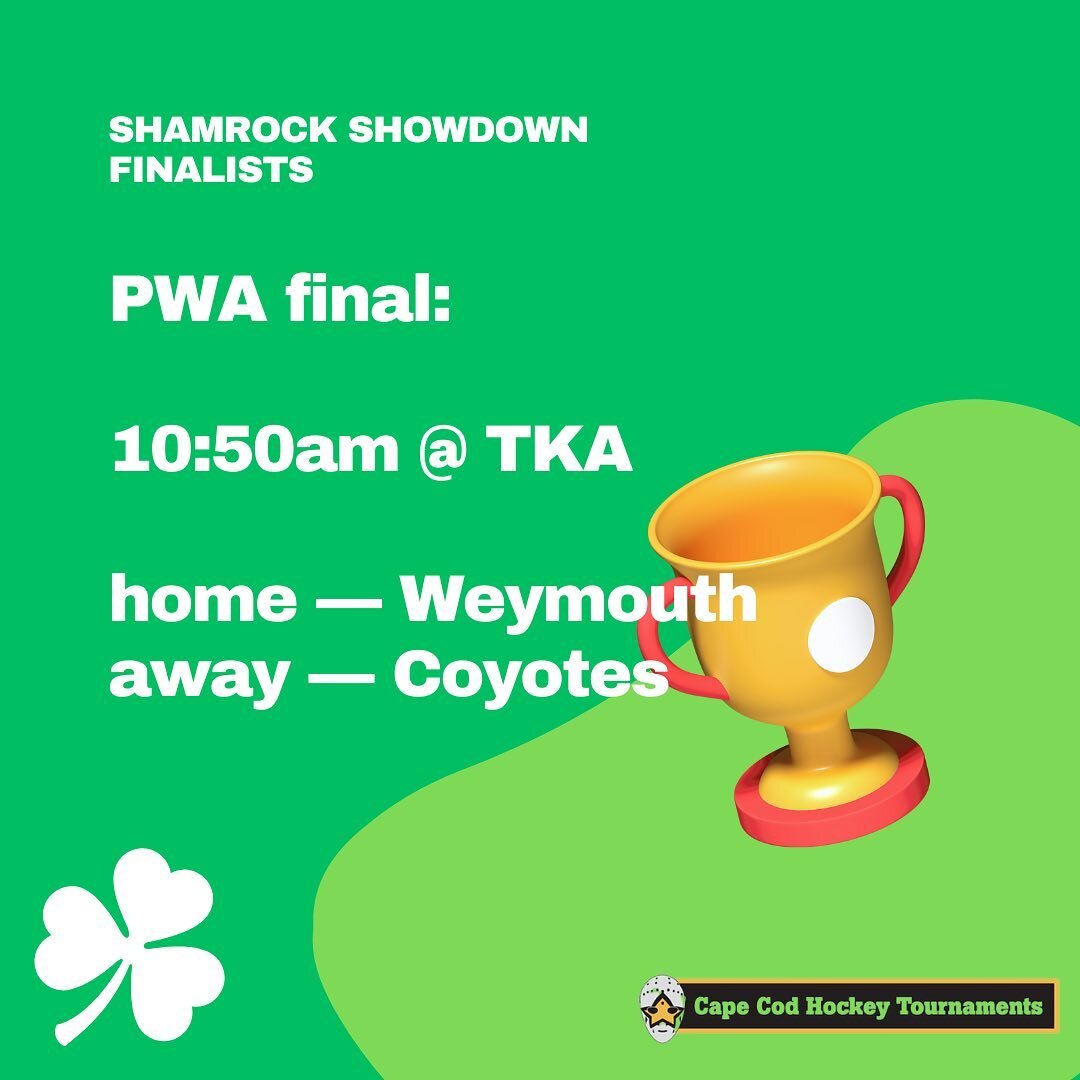 PWA and Bantam A teams are finalized! ✅ ☘️

We still have games at both @cma_rink and @tonykentarena this morning to determine PWB and Bantam B standings in our championship games this afternoon! 🏆 

Reminder: 
PWA, PWB and Bantam B finals are at To