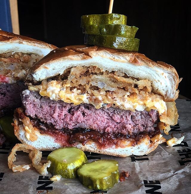 Pimento Cheese Burger - house ground brisket burger, pimento cheese spread, tomato-bacon jam, and fried onion straws. Makes you want to do a little dance doesn&rsquo;t it? *Available in Gainesville this weekend*