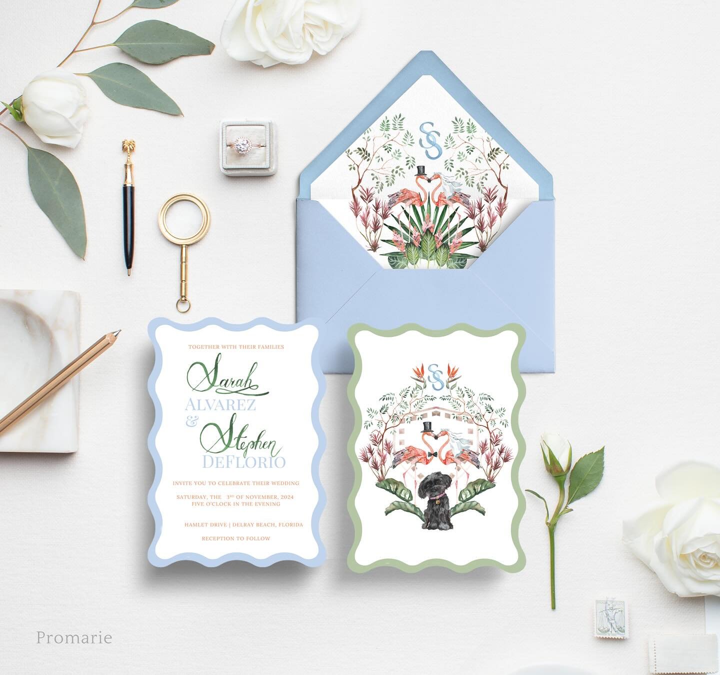 Wrapped up a custom watercolor wedding invite together with @nicoleandretta_designs for a sunny Delray Beach wedding! Spot a personalized pet portrait and vibrant, colorful palm beach inspired elements! A special request to include flamingos 🦩 🦩 &g