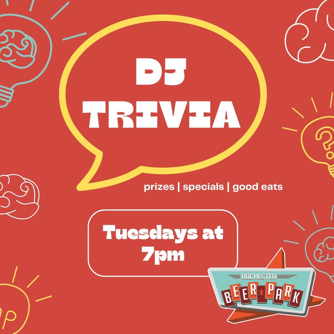 Tuesdays are for DJ Trivia at RBP. Twisted Tea, great prizes, fun games, specials, tasty treats, good eats, cans and liquor galore, and 60 taps!

**********************
#rochesterbeerpark #rbp #wemakehappycampers #itsalwayssummeratrbp #perpetualsumme
