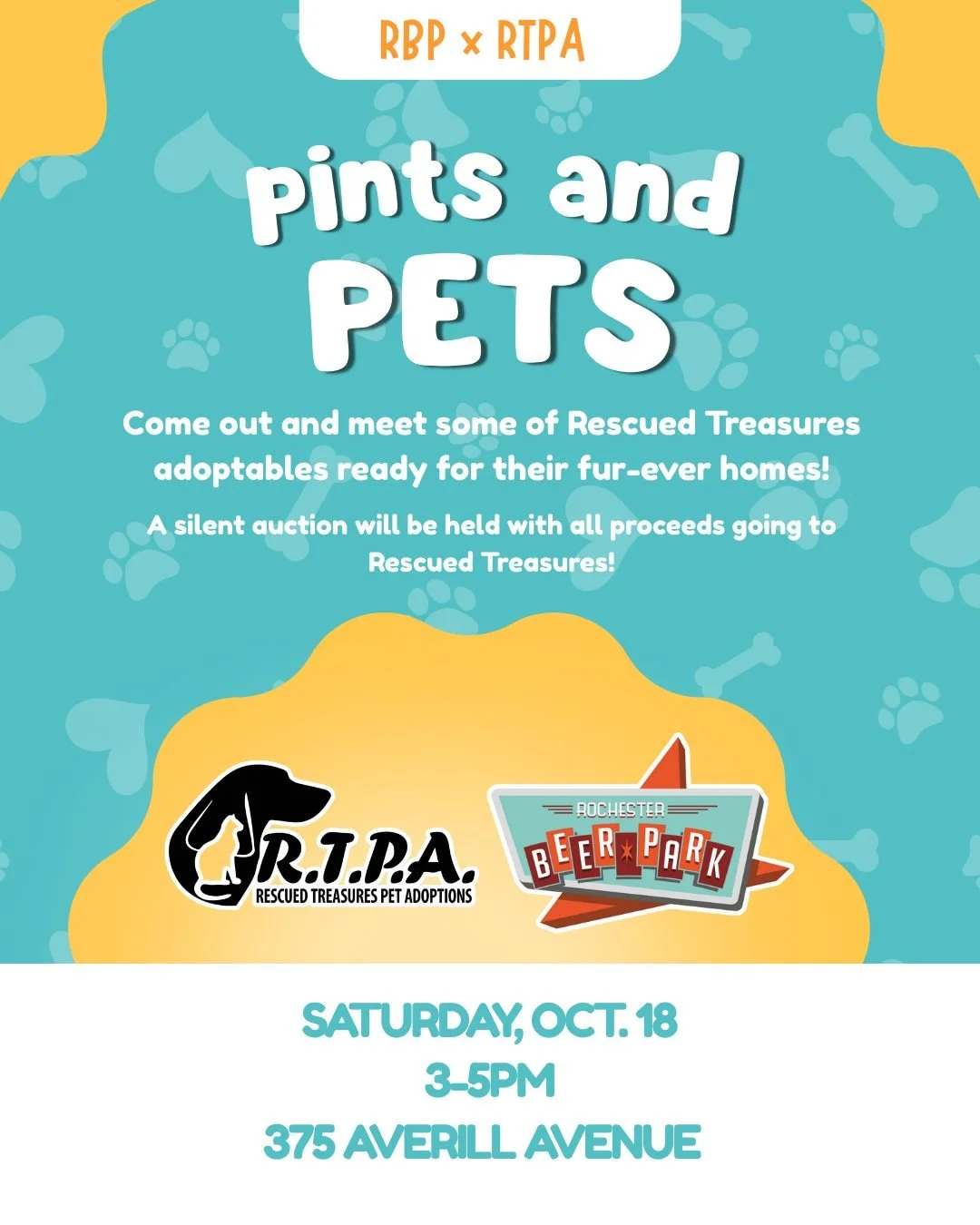 Pints &amp; Pets is only 2 days away!! 

🐾 Meet some of Rescued Treasures adoptables ready for their fur-ever homes
🍺 A portion of beverage sales will be donated to RTPA

10/18. 3-5pm 🐶