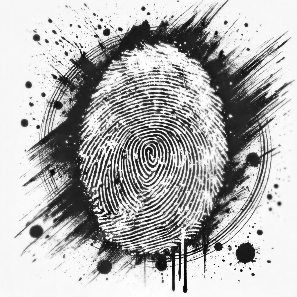 Black and white illustration of a fingerprint overlaid with abstract ink splatters and brush strokes.