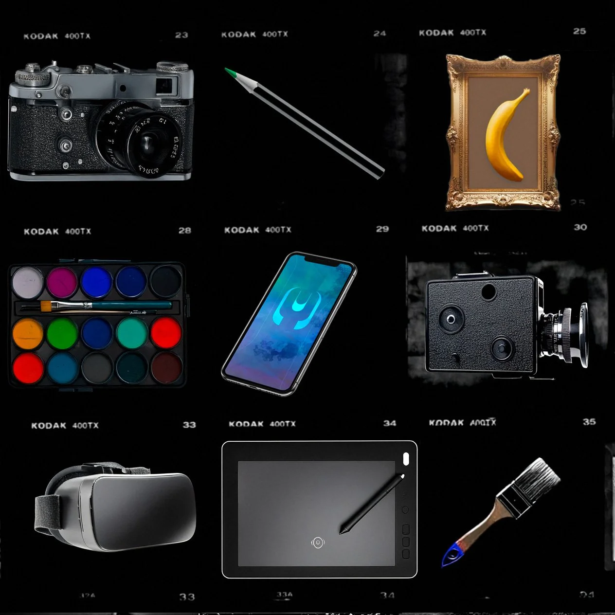 A collection of photography and digital art tools and equipment including a camera, a stylus pen, a framed banana, a paint set, a smartphone with a wrench icon on the screen, a vintage camera, a virtual reality headset, a digital drawing tablet with a stylus, and a paintbrush.