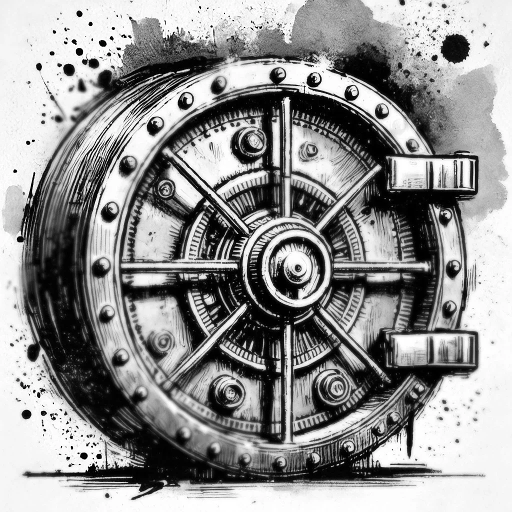 Black and white sketch of a large, circular combination lock vault door with detailed mechanical features, rivets, and security mechanisms.
