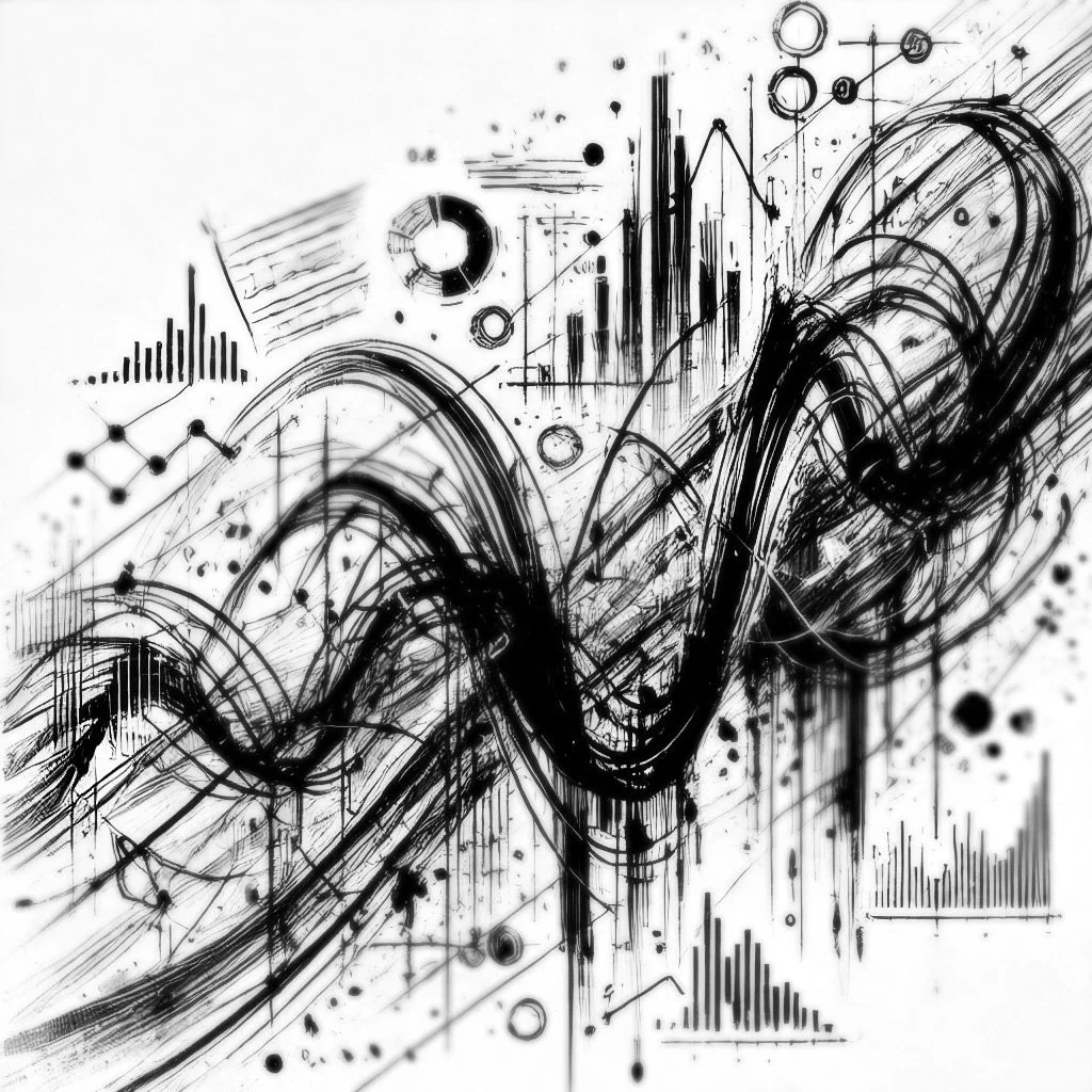 Abstract black and white drawing with various graphs, charts, and geometric shapes.