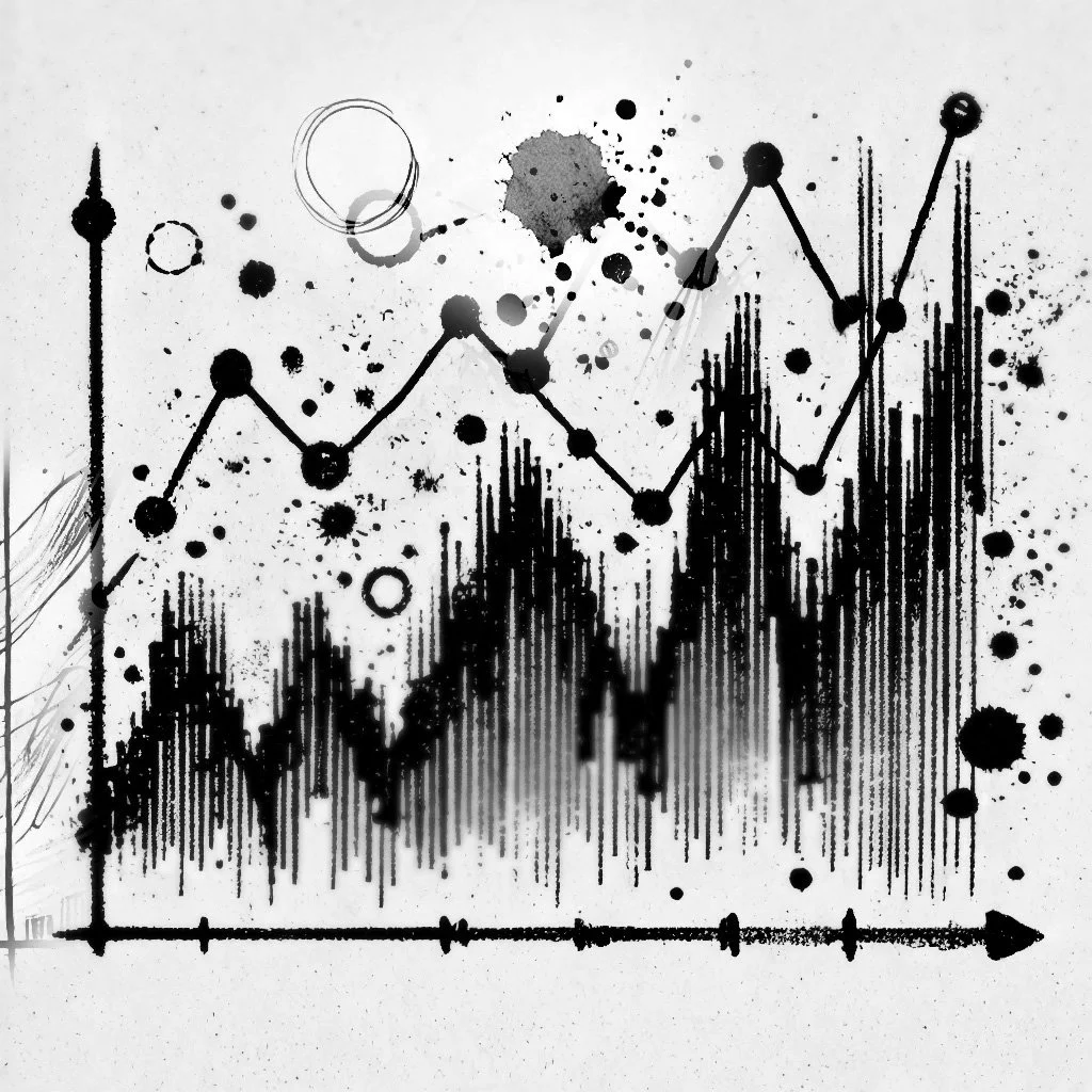 Black abstract graphic of a line and bar chart with splatters and ink blots.
