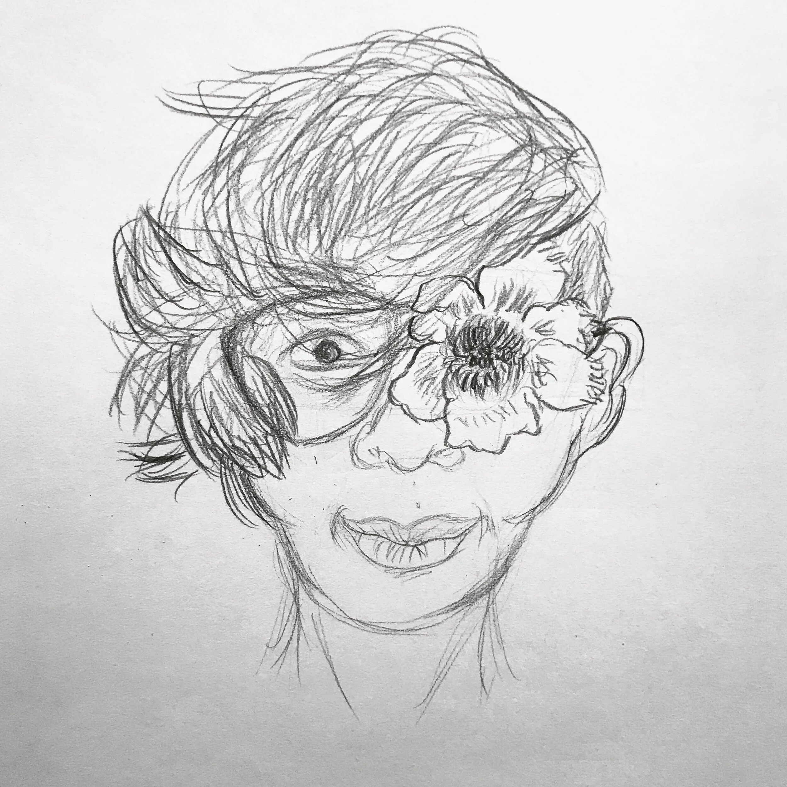   Self Portrait   Pencil, 2019  A self portrait drawing. The flower on the left eye is called a Shorea Flower from the  S horea siamensis, a plant found in South East Asia.  